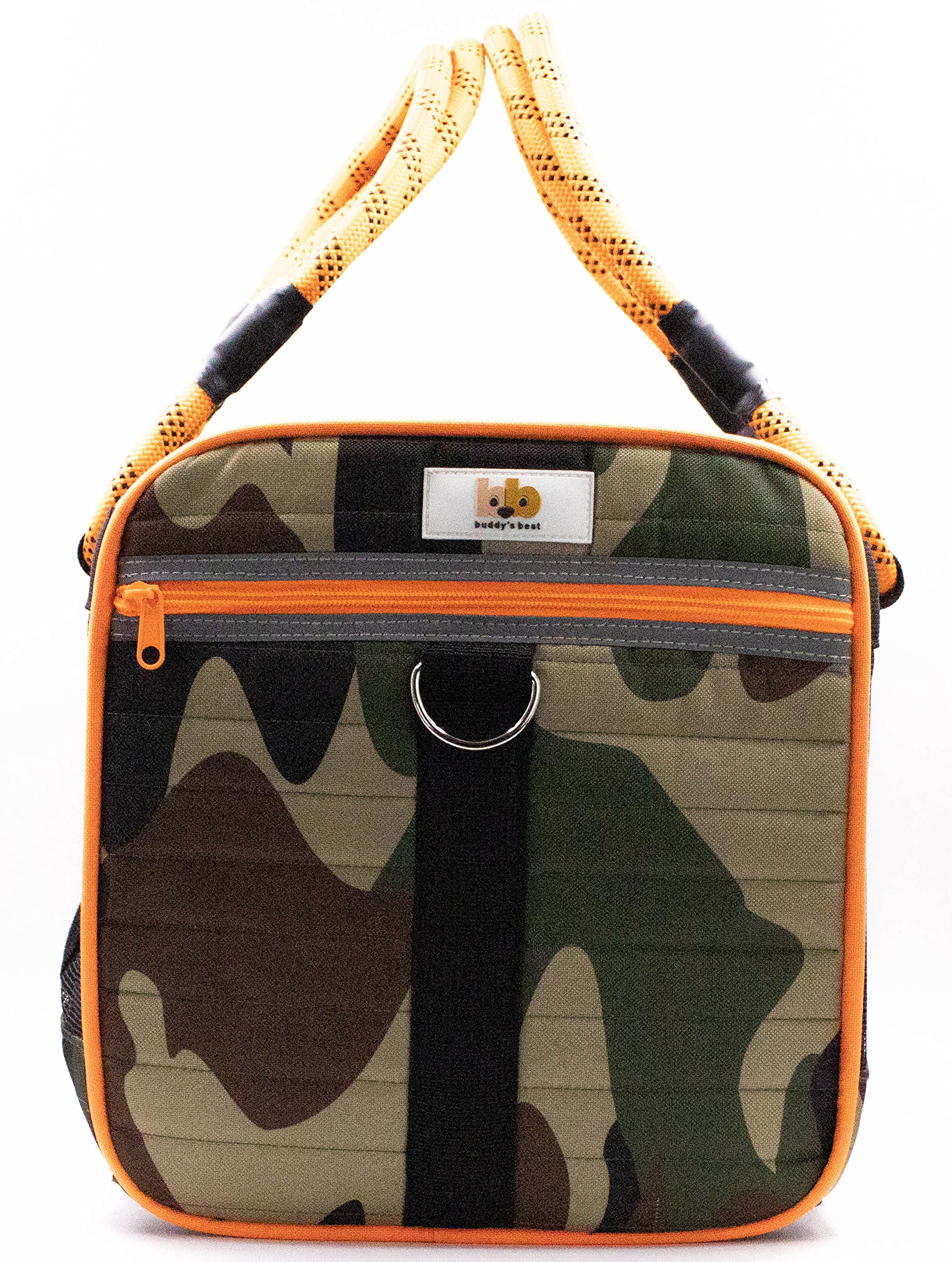 Buddy's Best Transportador de mascotas aprobado por aerolíneas, camuflaje militar y naranja para perro o gato, cabe debajo del asiento, cumple con la TSA, diseño de malla ventilada con base