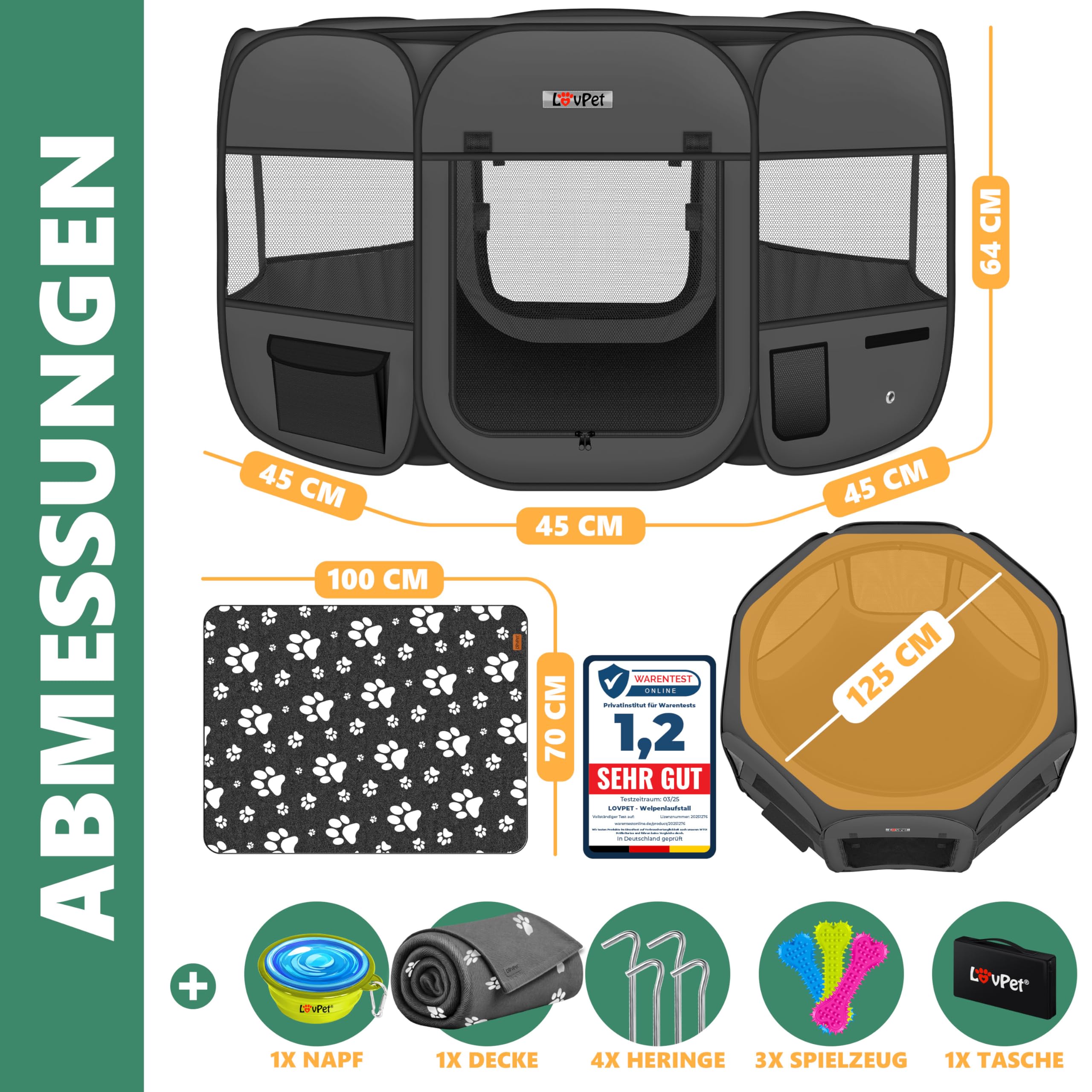 Lovpet® Recinto per Cuccioli - recinto per Animali Pieghevole per Piccoli Animali, Gatti, incl. Ciotola - Box - Recinzione - Tessuto Oxford - Sistema Pop-up