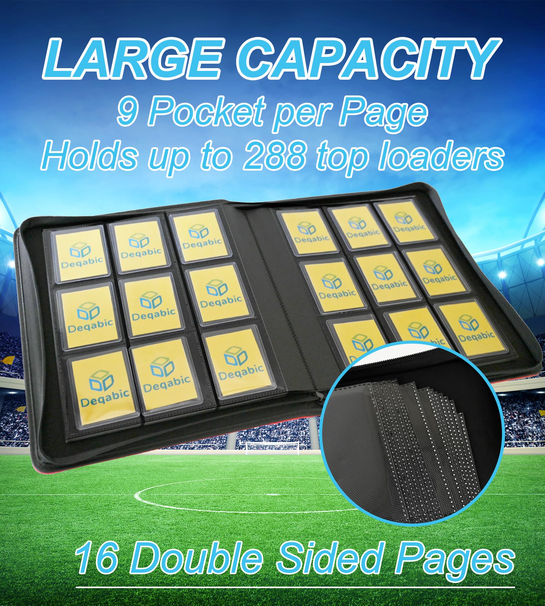 DEQADIC Top Loader Binder, 9 Pocket Holds 288 Cards, Includes 20 Toploaders, Side Loading Ringless Collection Binder for Sports Game Trading Card, Blue