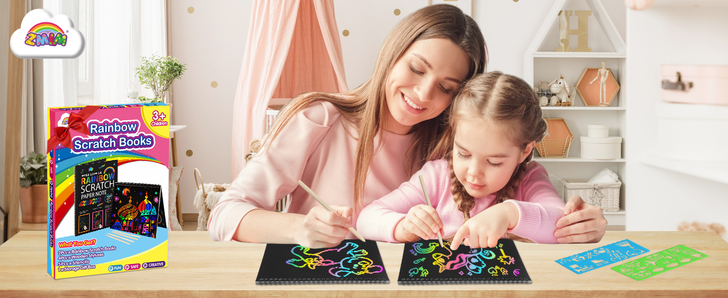 ZMLM Scratch Paper Art-Crafts Gift: 2 Pack Rainbow Notebooks Supplies Toys Easter Basket Stuffers for 3 4 5 6 7 8 9 10 Years Old Girls and Boys Kids Valentine's Day Birthday Party Travel Games (Pink)