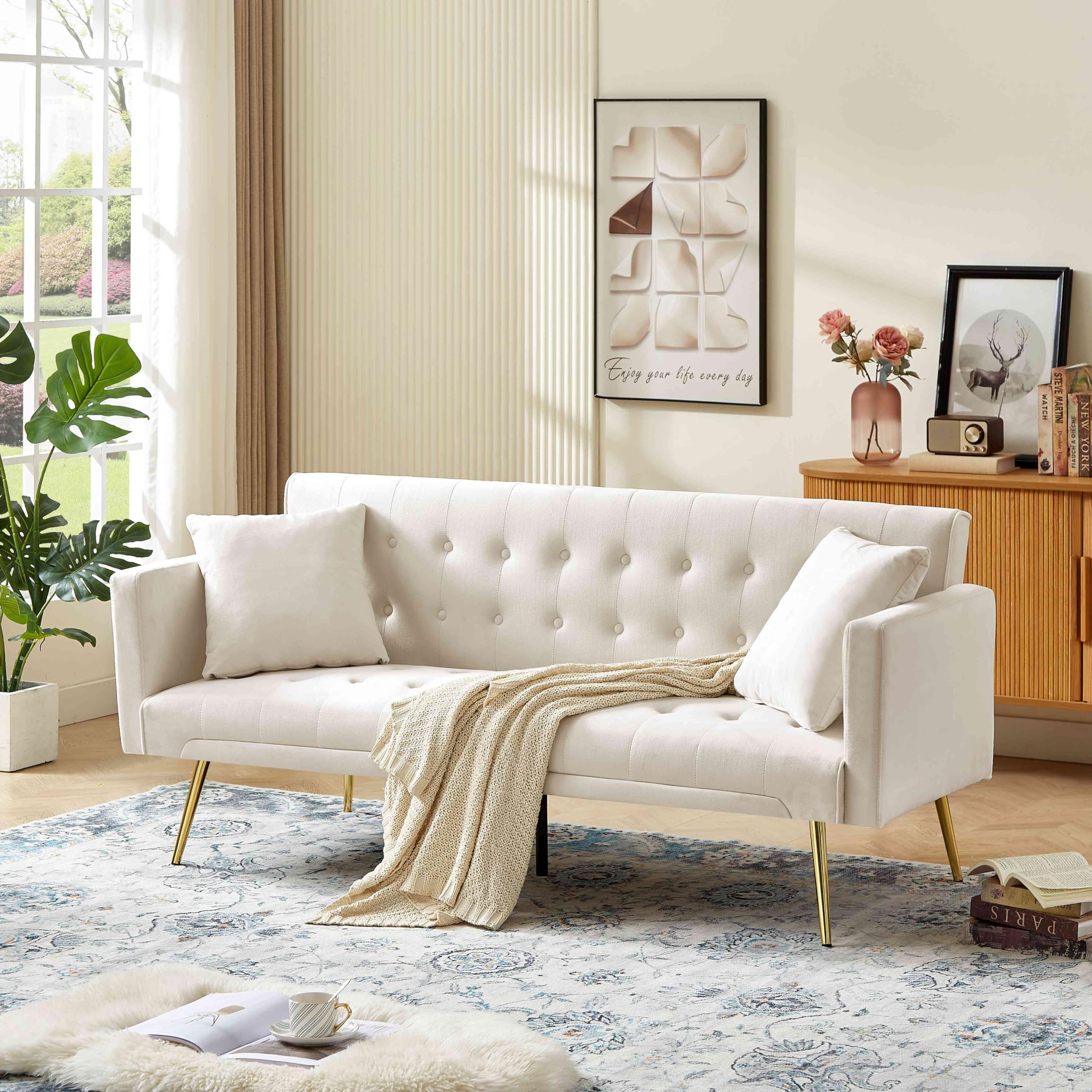 MYINDA Velvet Futon Sofa Couch with Metal Foot Recliner, 70''W Adjustable Loveseat Sofa Bed for Living Room, Bedroom (Beige)