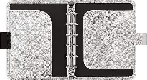 Miniatura 9 de Filofax Saffiano Organizador metálico, tamaño de bolsillo, plateado, grano cruzado, aspecto de cuero, cubierta de acabado metálico brillante, seis