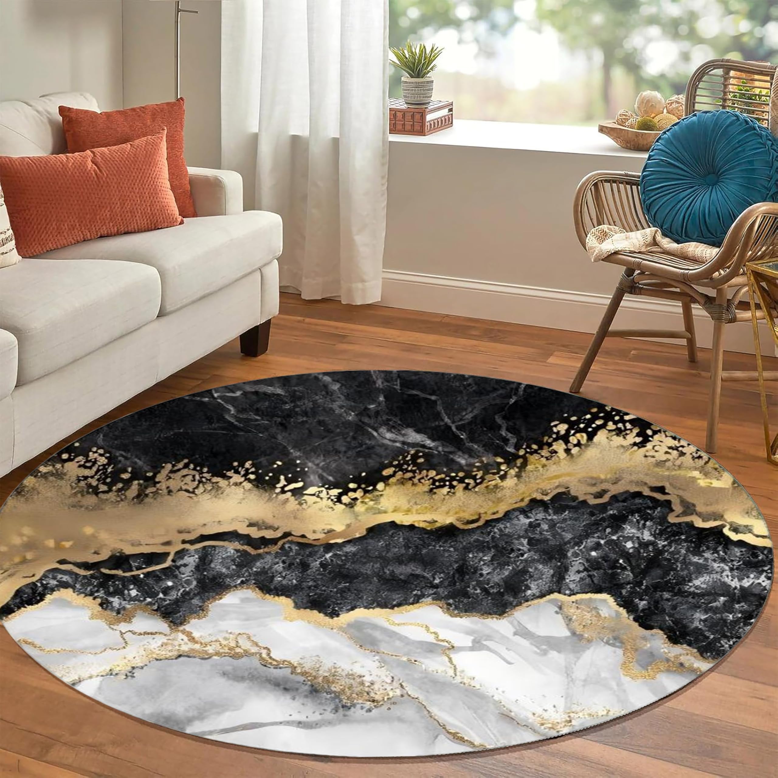 Black Grey Gold Abstract Round Rug 4ft - Marble Texture Indoor Area Carpet, Non-Slip Machine Washable Modern Accent Rug for Living Room, Bedroom,