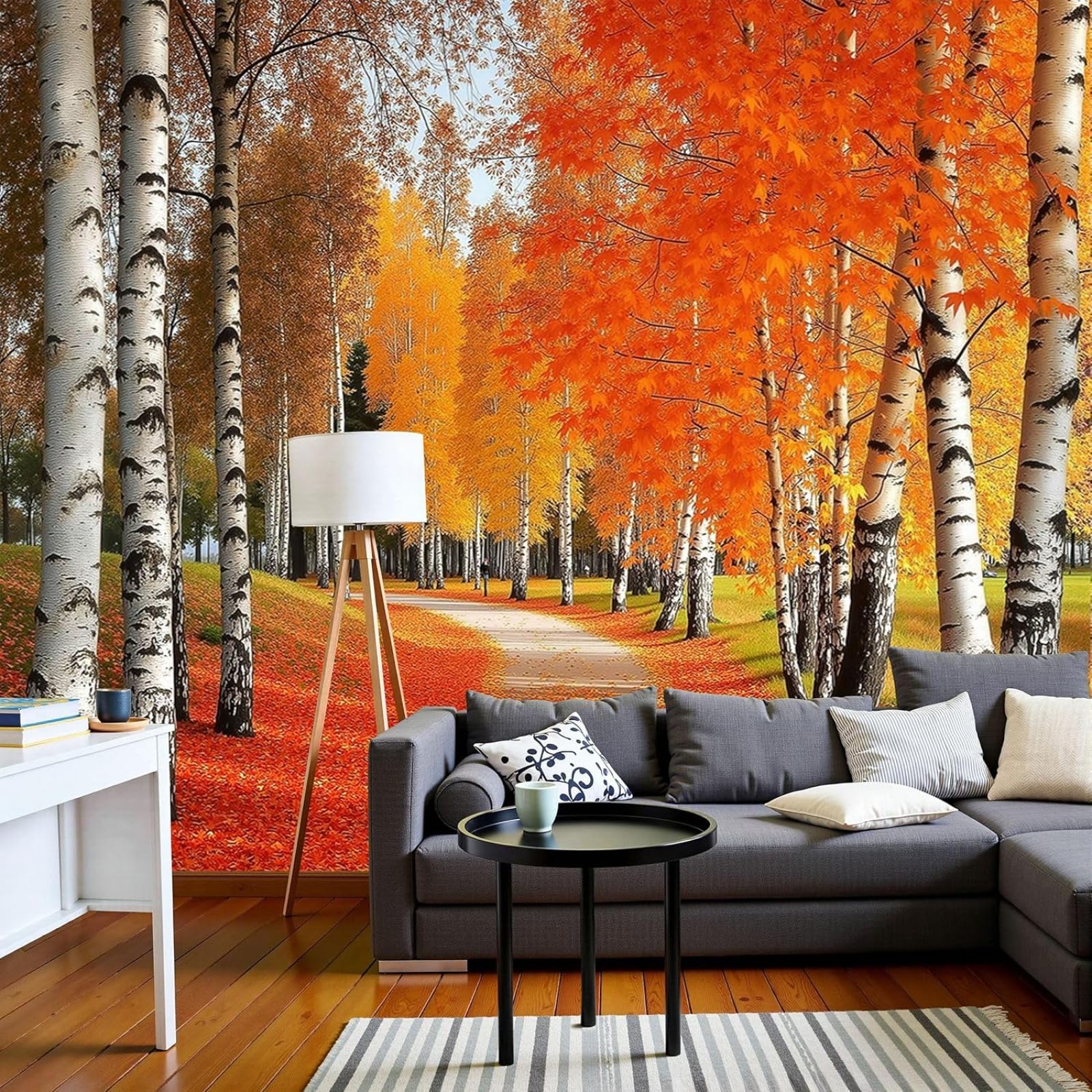 3D Effect Photo Wallpaper Autumn Birch Trees Non-woven Poster Leaves Covering the Path XL Non-woven Orange Wall Living Room Bedroom Picture Wallpaper, 150cm x 105cm Stickers - Frameless Painting - Pos