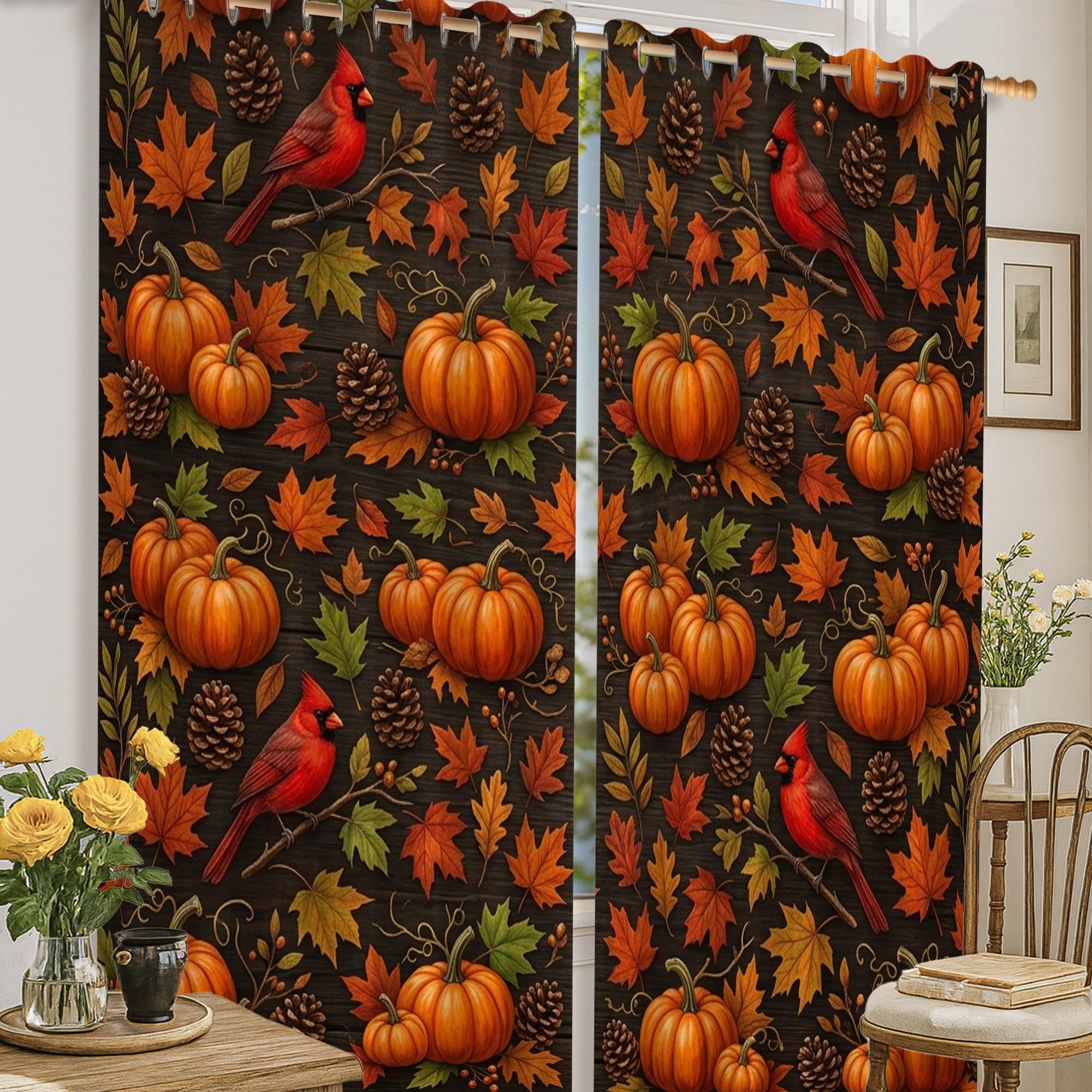 Rideaux occultants citrouilles 132x160 cm pour salon rustique d'automne