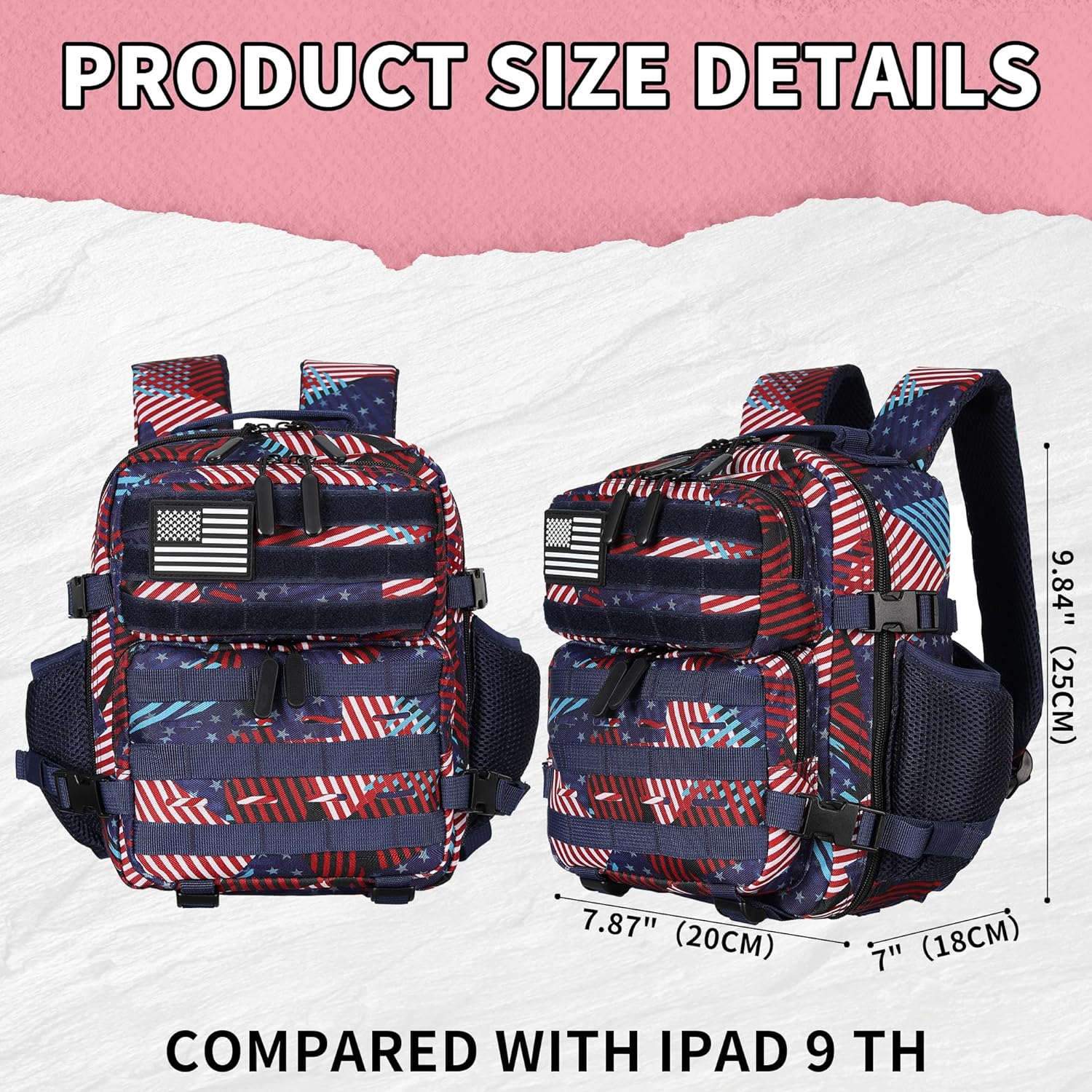 9L Mini Tactical Backpack for Men and Women Tactical Backpack Small for Hiking Small Tactical Bag Fitness Pack (Patchwork Flag) - Image 2