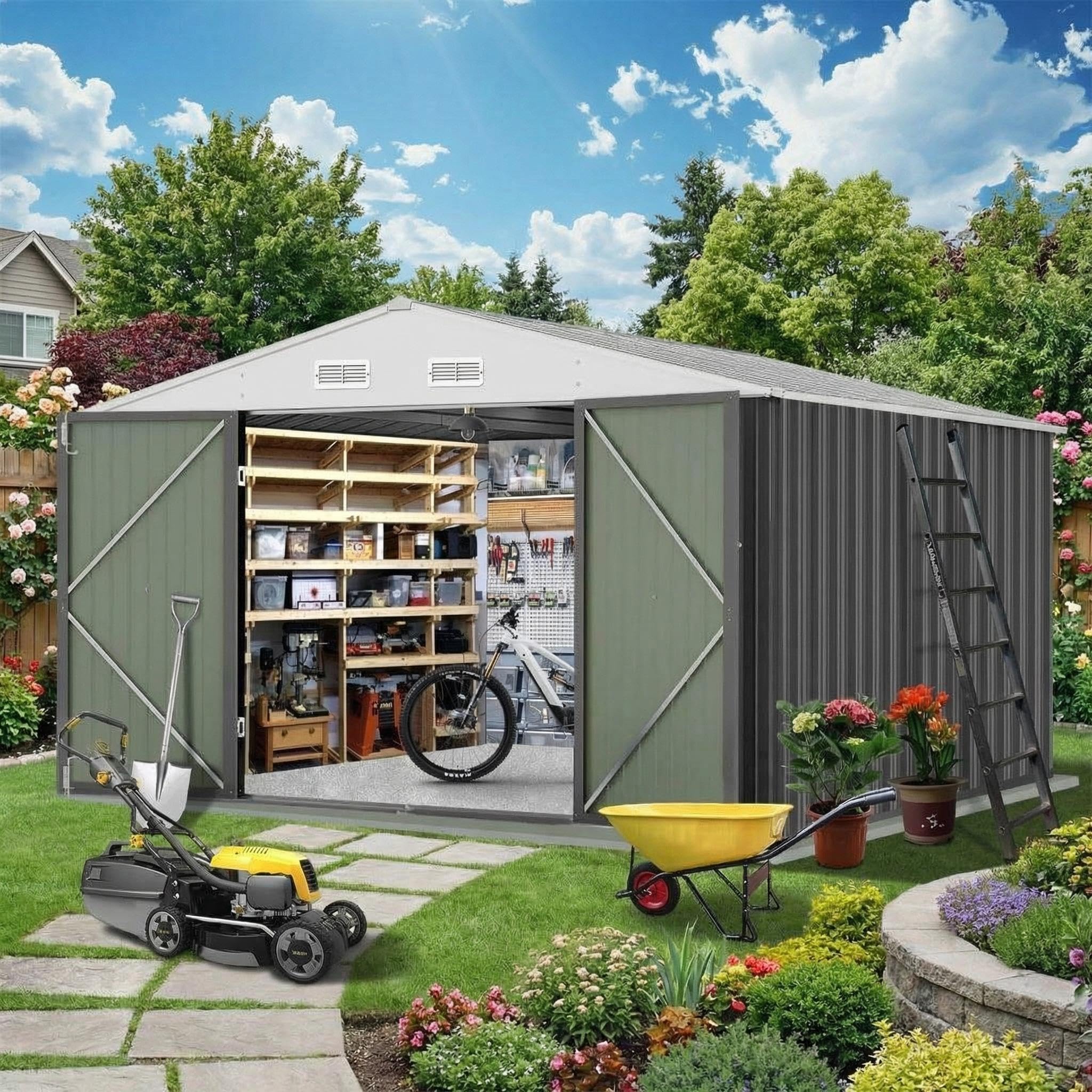 Photo 1 of 10X12 Ft Outdoor Metal Storage Shed with Roof, Weatherproof Steel Tool Shed with Lockable Door for Lawn Mower, Bike & Garden Equipment Storage
