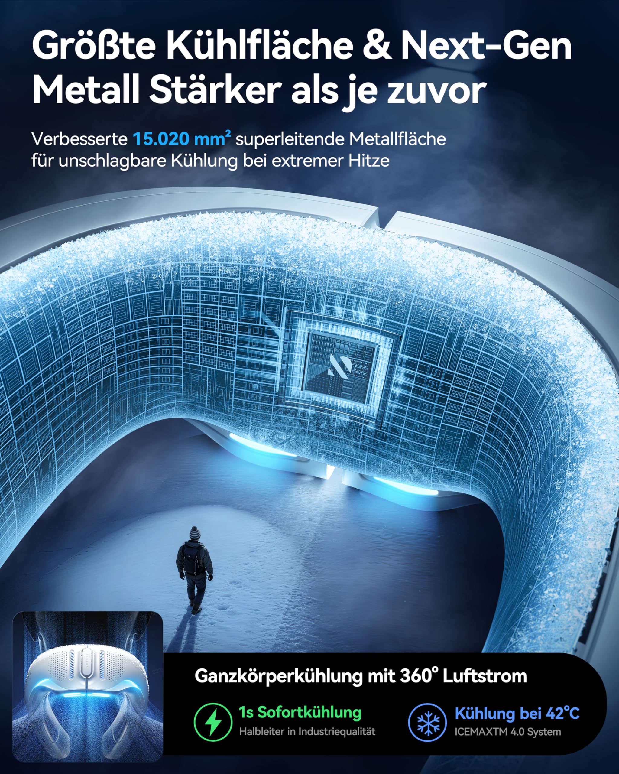 RANVOO AICE LITE MAX 2026 KI Nacken Klimaanlage [#1 Kühlster & Langlebigster] Arktischer Wind, Immenser Nackenlüfter 6000mAh Akku, Tragbarer Ventilator bläst kalte Luft, Sommer Geschenk Frostsilber