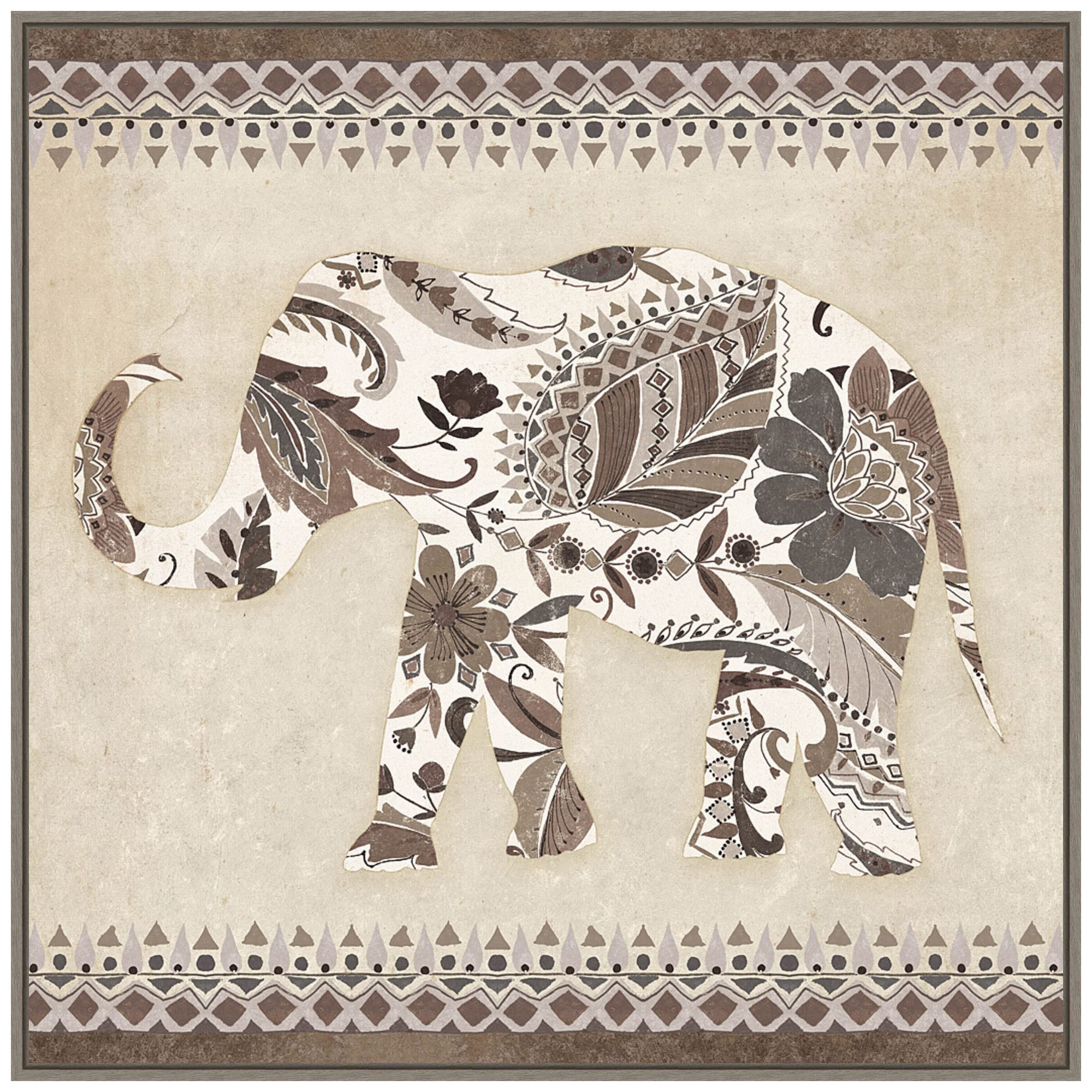 Amanti Art Framed Canvas Wall Art 30x30 Boho Elephant II Neutral by Wild Apple Portfolio, Framed Wall Art Canvas, Animals Artwork, Country Rustic Decor, Large Poster Painting for Living Room,