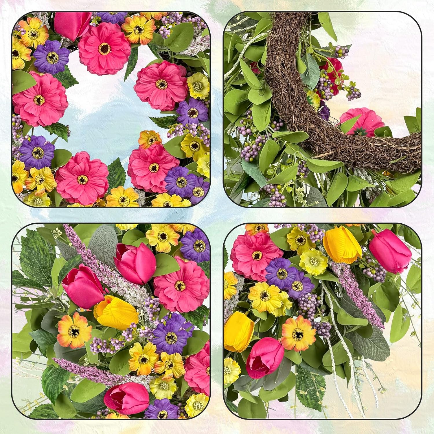 ICX Spring Wreaths for Front Door, 24 Inch Artificial Tulip & Wildflower Floral Wreath, Large Spring Front Door Wreath, Flower Wreath for Porch Wall Farmhouse Window Home Decor Housewarming Gift