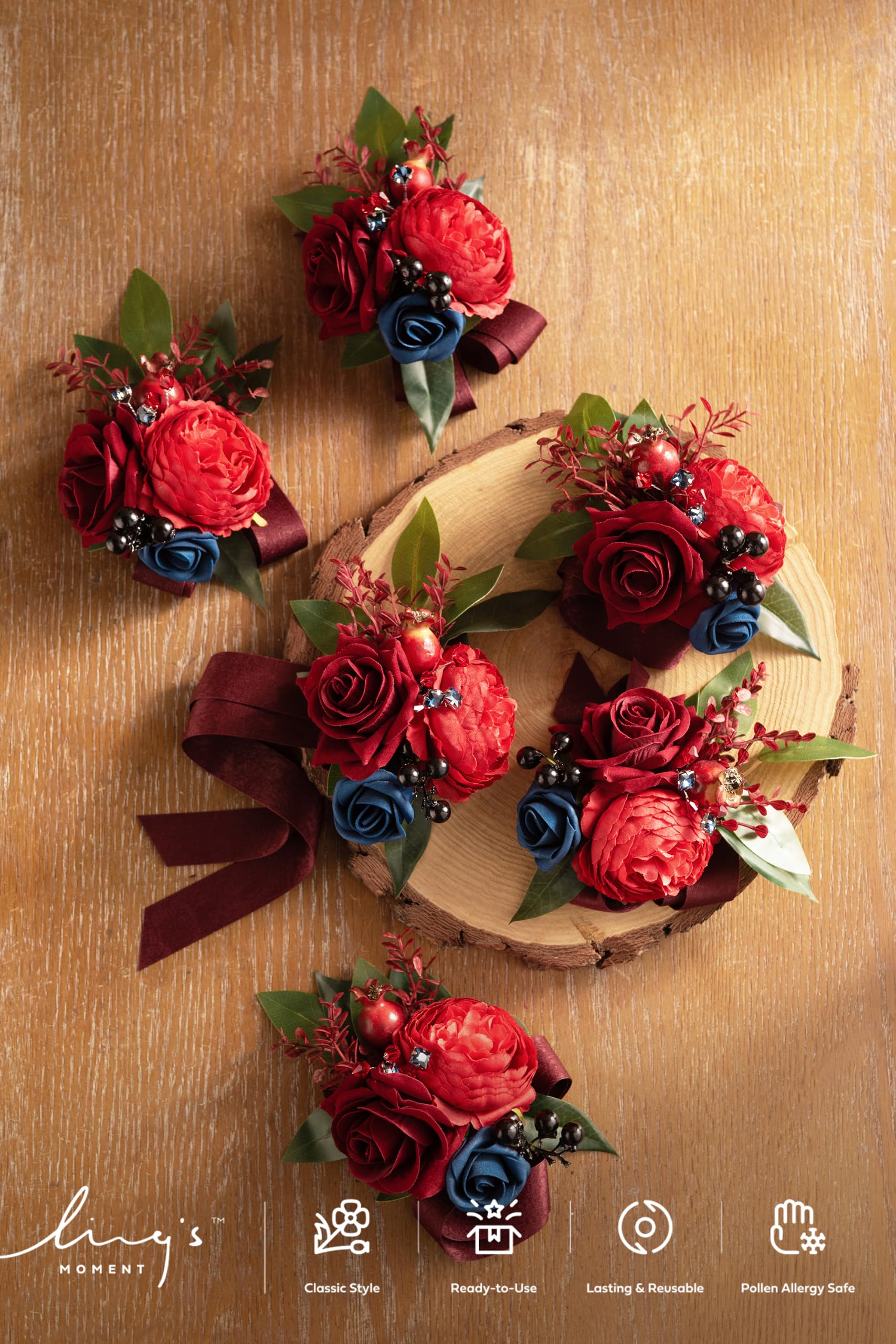 Girls handmade Blue and Red Floral Strap with Silver Flower Button Light Blue Silver Gray Floral Wrist Corsage & Boutonniere  main image 4