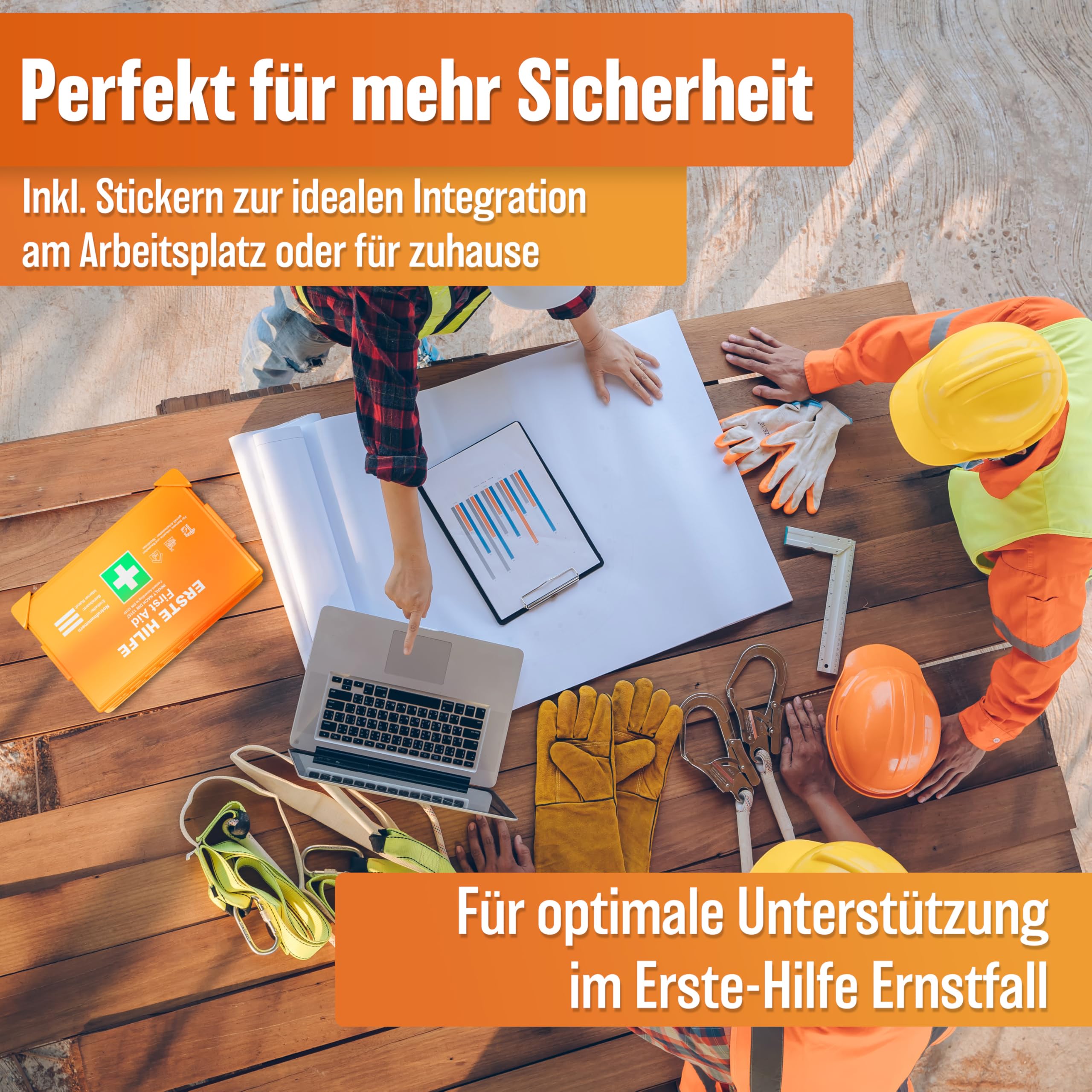 HELDENWERK Kit de premiers secours selon la nouvelle norme DIN 13157:2021 avec support mural et autocollants | Sac de premiers secours universel pour entreprise, ménage ou restauration - Trousse de