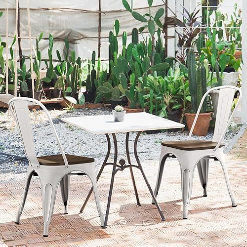 Miniatura 10 de Yaheetech Sillas de comedor de metal con asiento de madera/parte superior apilables, sillas de cocina con respaldo para interiores y exteriores,