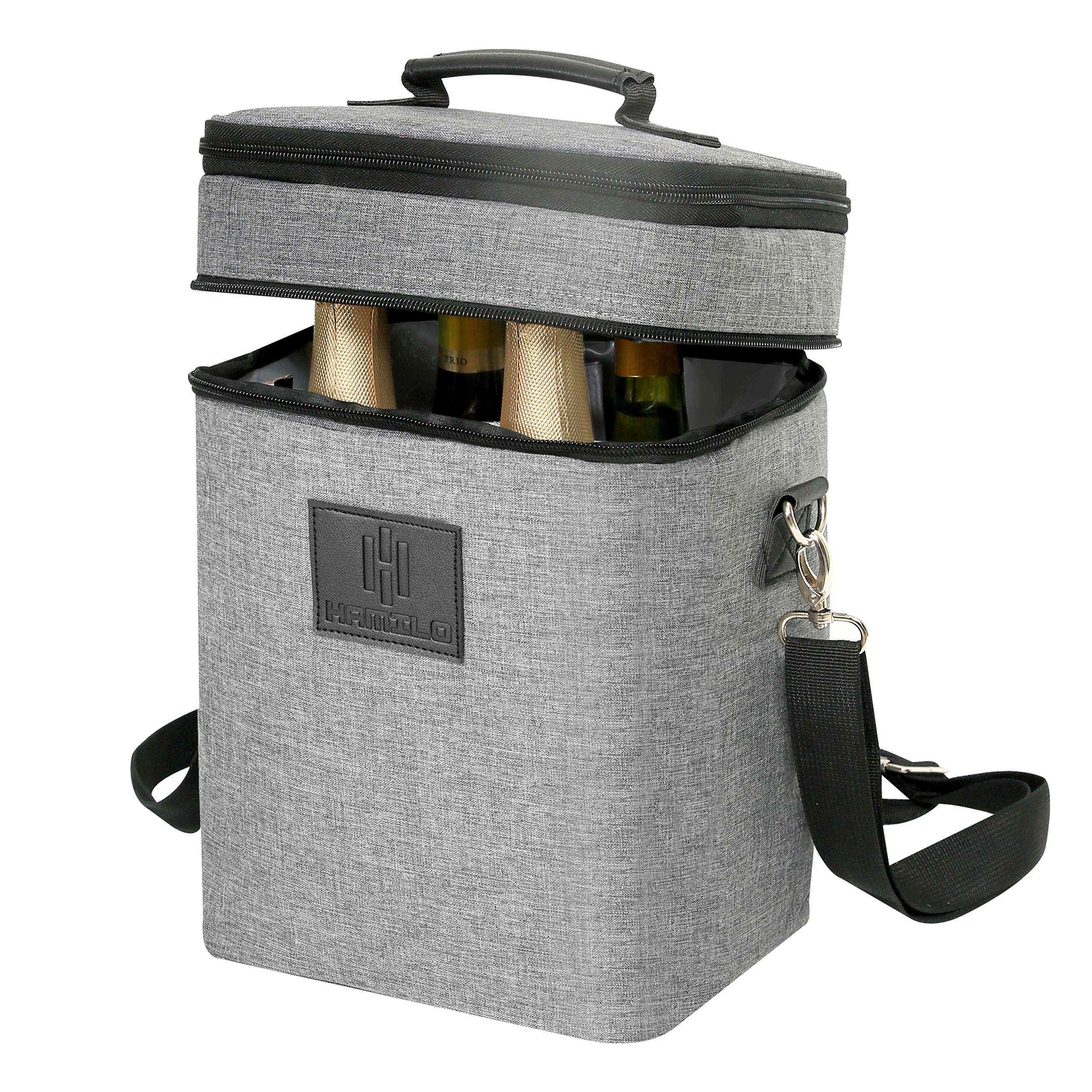 HAMILO 4 Bottle Wine Carrier, Waterproof and Leakproof Wine Tote Bag with Expandable Zipper and Padded Shoulder, Insulated Travel Champagne Cooler Purse with Shoulder Strap and Corkscrew Opener Holder