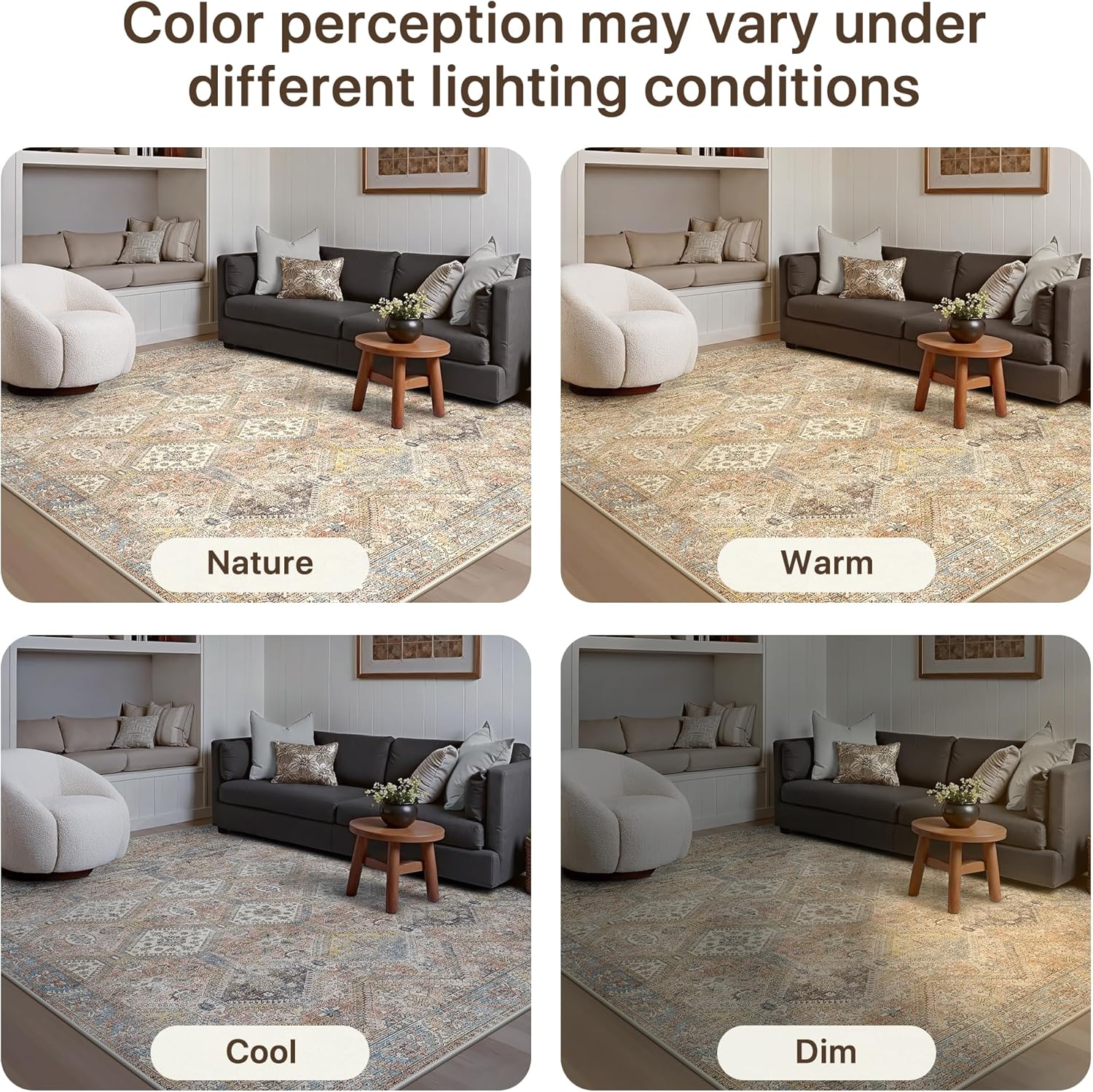 GENIMO 8x10 Area Rugs for Living Room, Machine Washable Non Slip Vintage Rugs, Low Pile Lightweight Print Rug for Bedroom, Dining Room, Home Office, Warm Brown