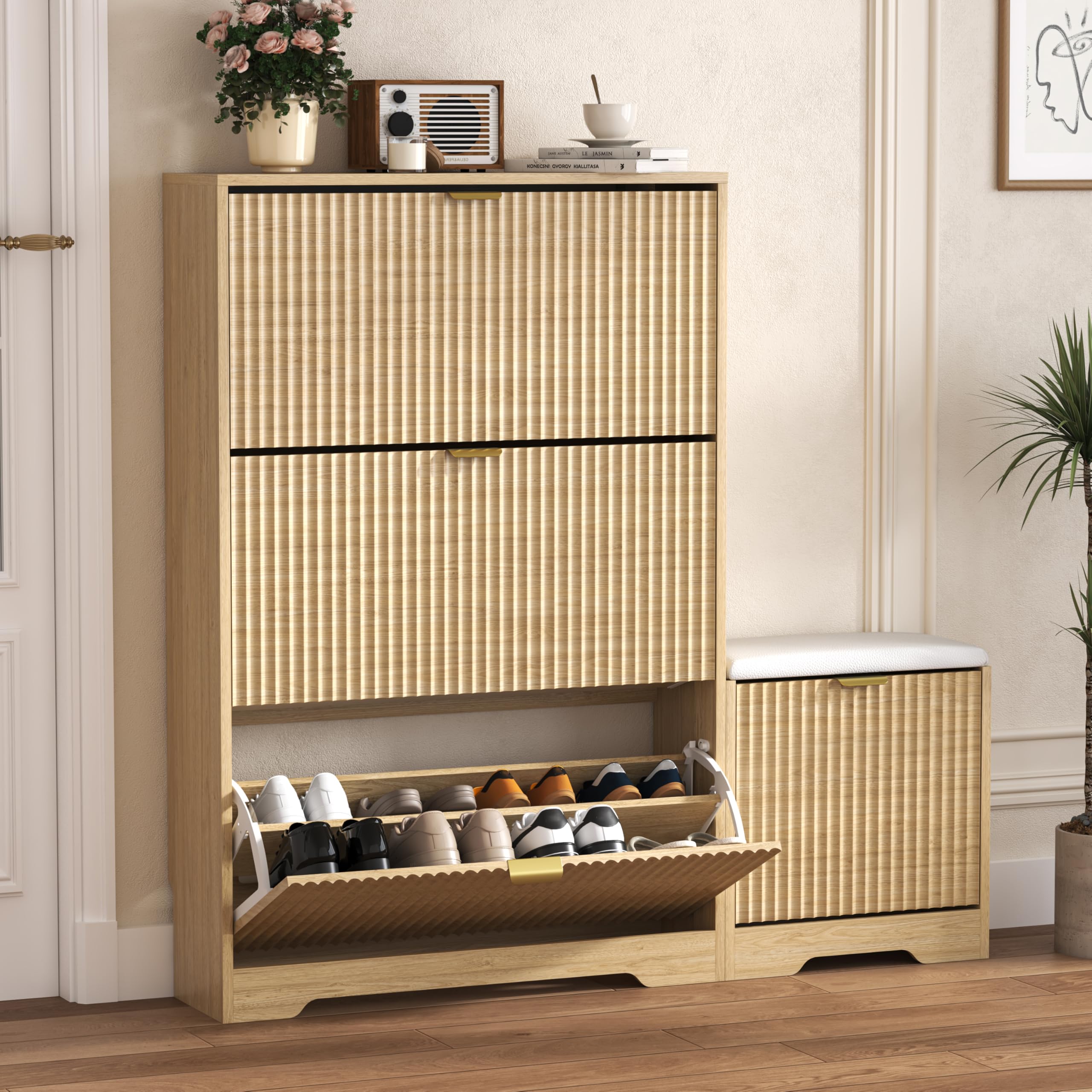 HUANLEGO Shoe Cabinet Storage for Entryway with 4 Flip Drawers, Oak Fluted Shoe Cabinet with Bench, Wooden Hidden Shoe Rack Freestanding Narrow Slim Shoes Storage Organizer for Hallway, Entrance