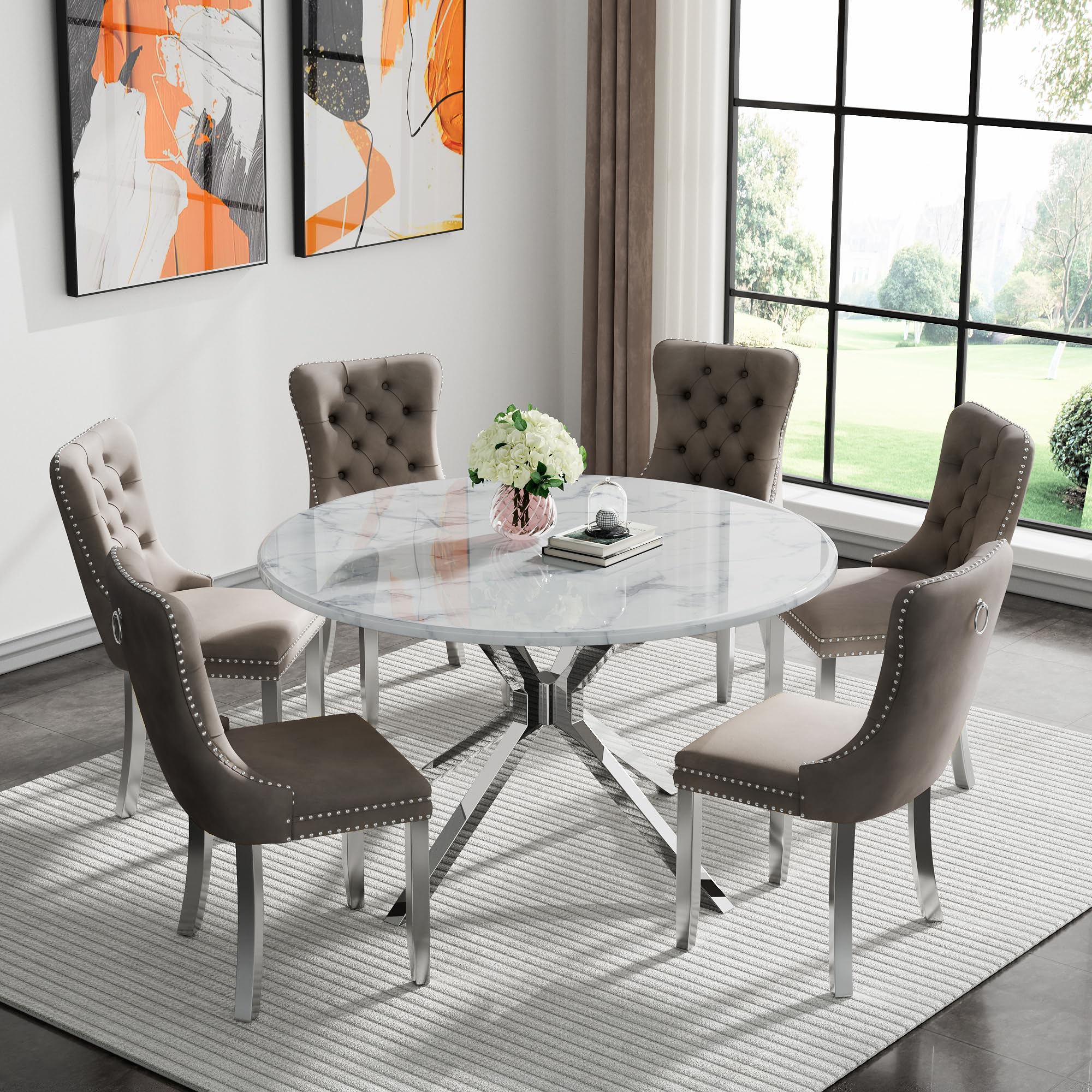 7-Piece Round Dining Table Set for 6, Modern Faux Marble Kitchen Table and Grey Velvet Chairs Set of 6, Luxury 45" Circle White Silver Dining Room Tables with Stainless Steel Cross Legs