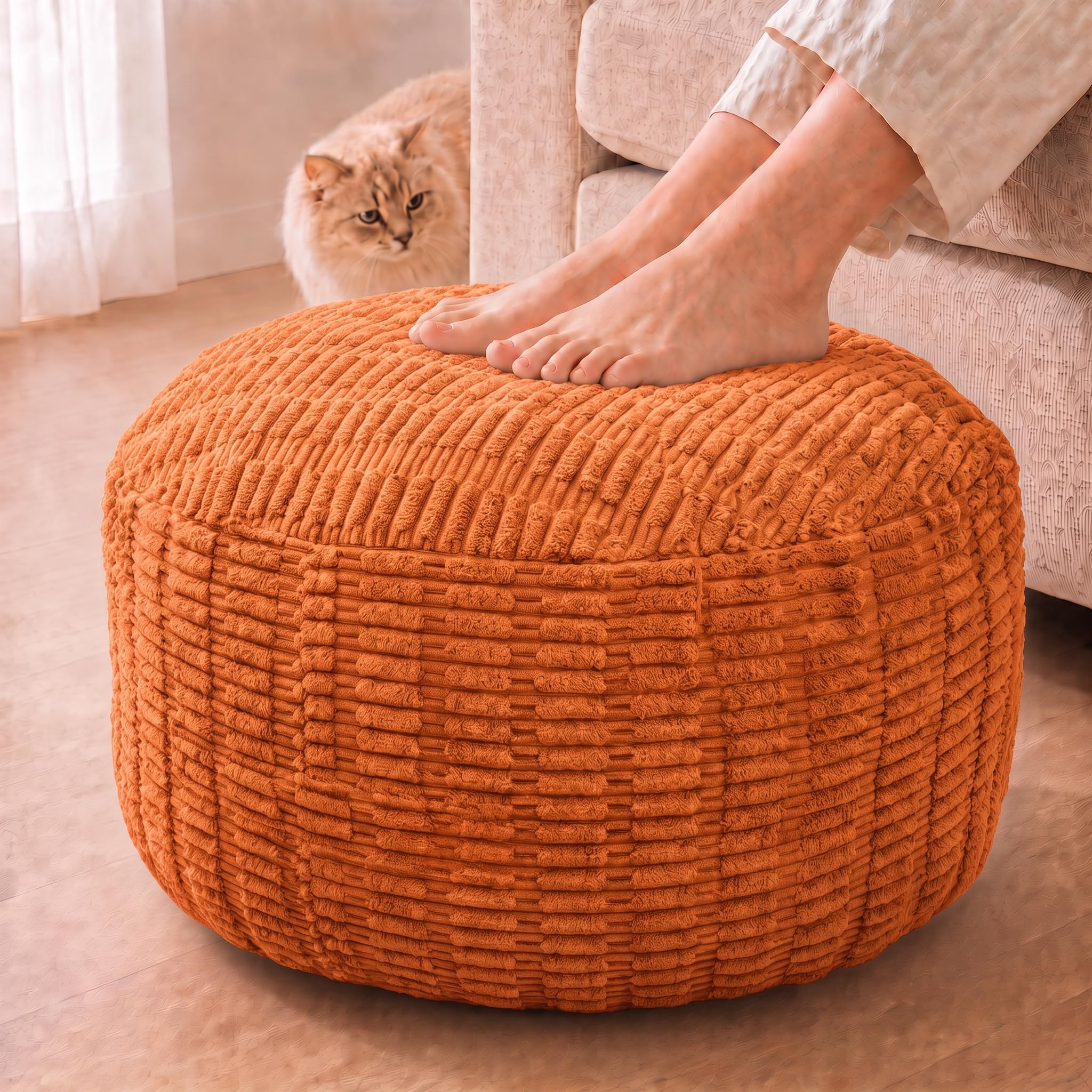 Round Pouf Ottoman, Burnt Orange, 28"x14", Corduroy Foot Rest