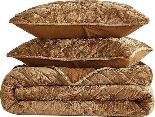 Miniatura 9 de Chezmoi Collection Lux - Juego de edredón de terciopelo dorado caramelo, 3 piezas, ropa de cama de terciopelo envejecido de felpa exuberante para