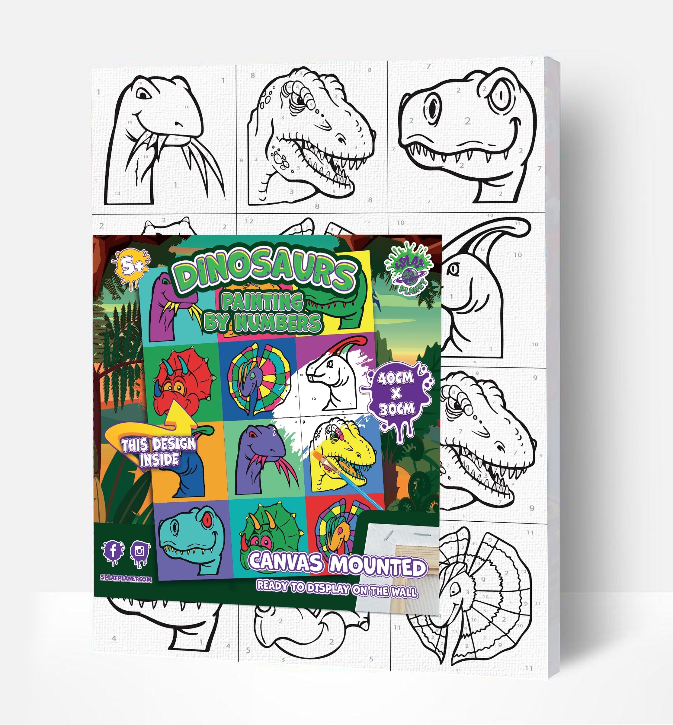 Splat Planet Dinosaur T-Rex Painting By Numbers Framed, Fluorescent Neon Paint,Colouring By Numbers,Painting for Wall Art,Paint By Number Kits On Canvas for Adults, Kids. 30x40cms