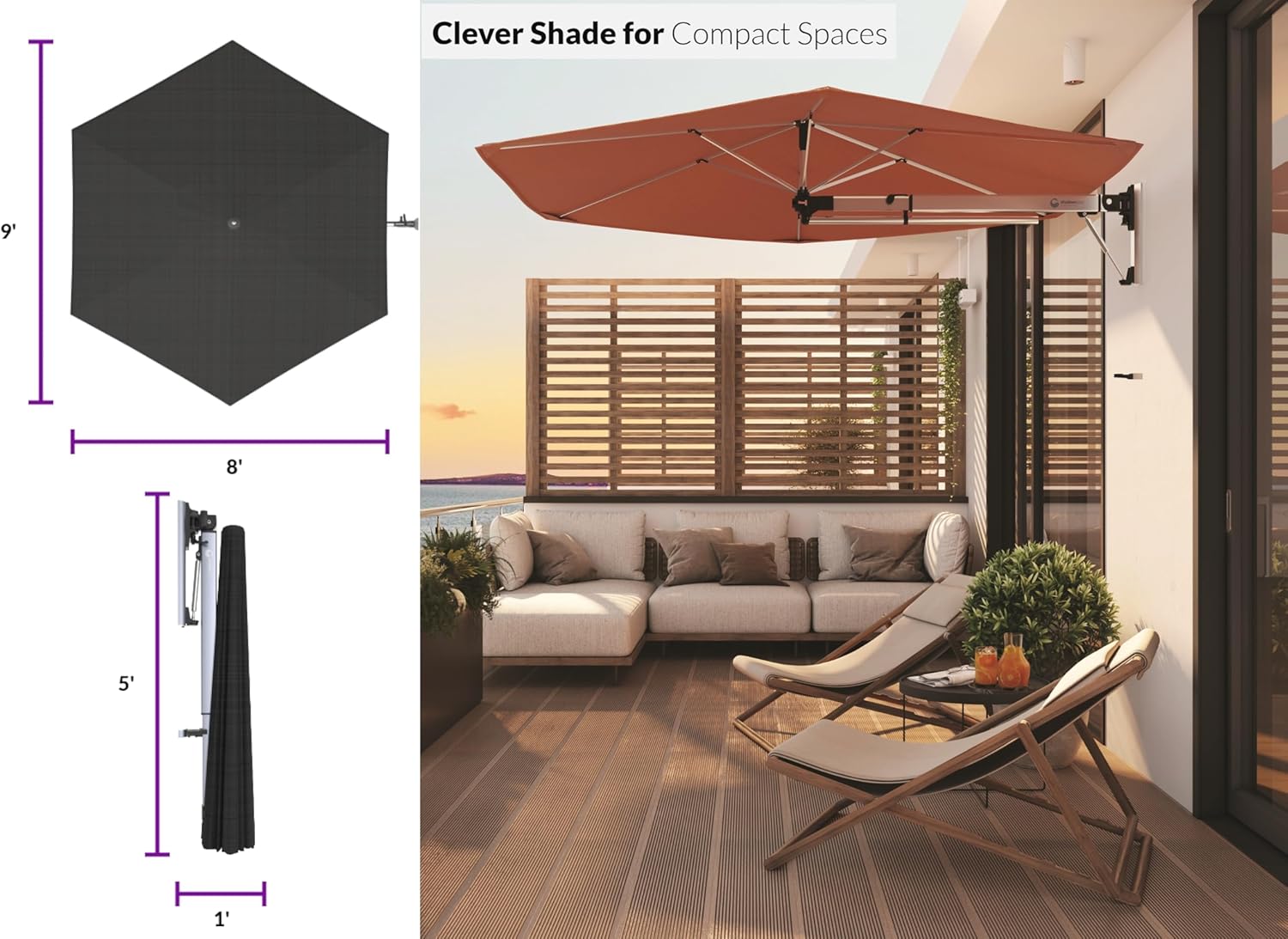 ShadowSpec Retreat Patio Umbrella, Large 9FT Hexagon Wall Mount Umbrella for Balcony, Apartments, And Outdoor Patio - Image 2