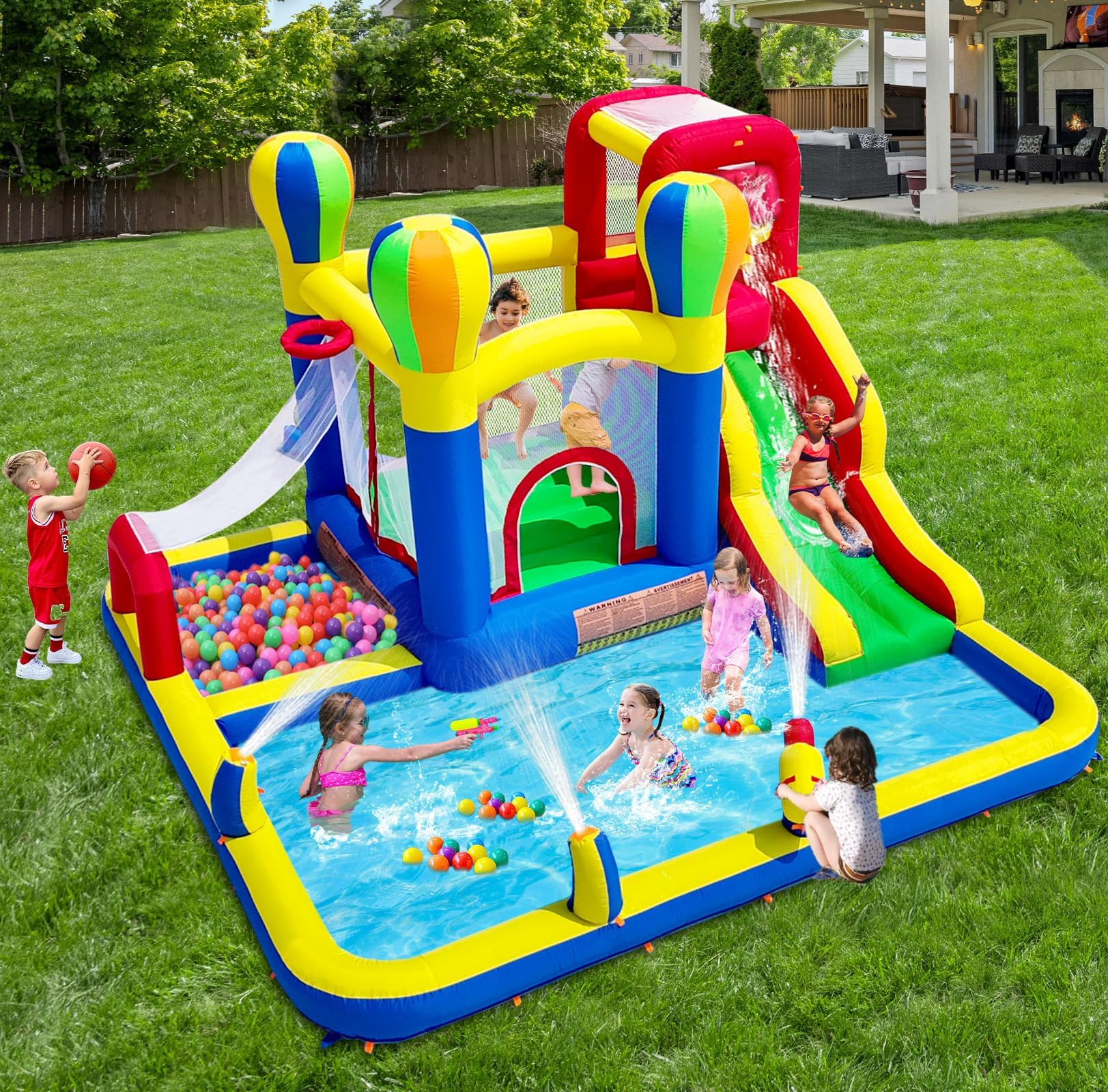 Baralir Castillo Hinchable para Interiores, tobogán seco y Agua, Adecuado para niños de 3 a 8 años, Castillo Hinchable para Exteriores con Ventilador, 343 x 338 x 202 cm