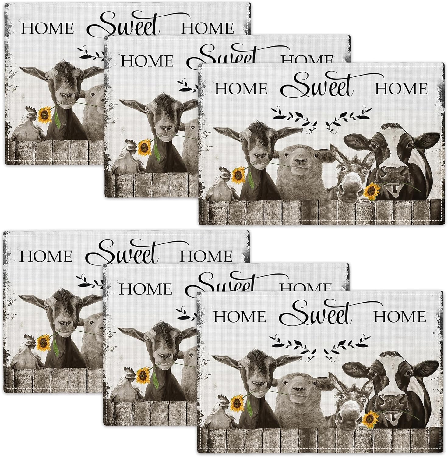 Farmhouse Placemats Set of 6 Funny Animal Table Mats Black and White
