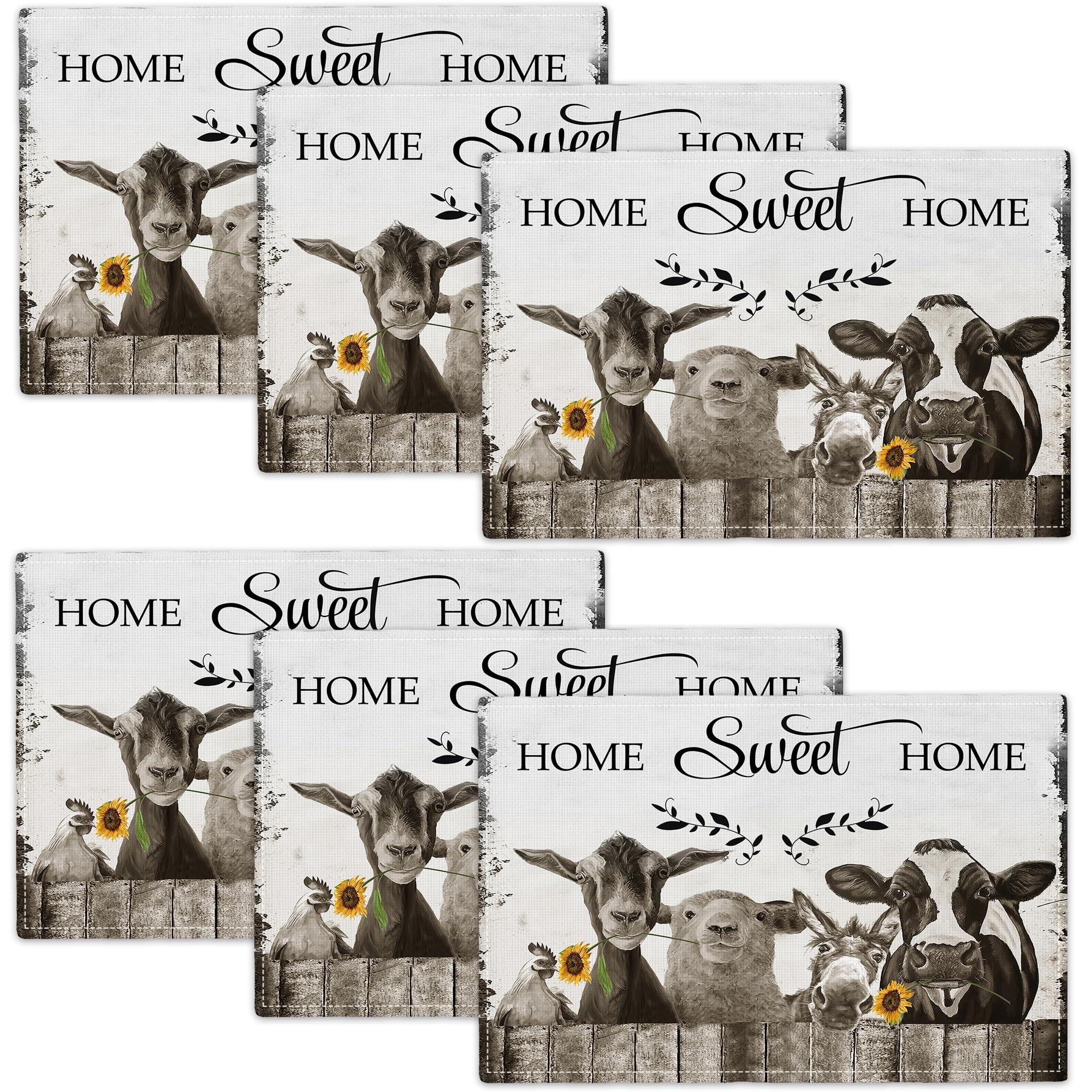 Golakra Farmhouse Sunflower Animal Farmhouse Placemats Set Of 6 Funny Animal Table Mats Black And White Washable Place Mats For Party Kitchen Dining Decoration 12X18 Inch