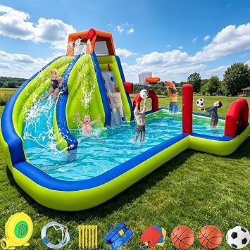 RETRO JUMP Water Slide,8 in 1 Inflatable Water Park Bounce House,Inflatable Waterslide,Climbing Wall,Large Splash Pool,Basketball Rim,Volleyball Filed,Sprinkles,Bouncy Castle Water Slide,370W Blower