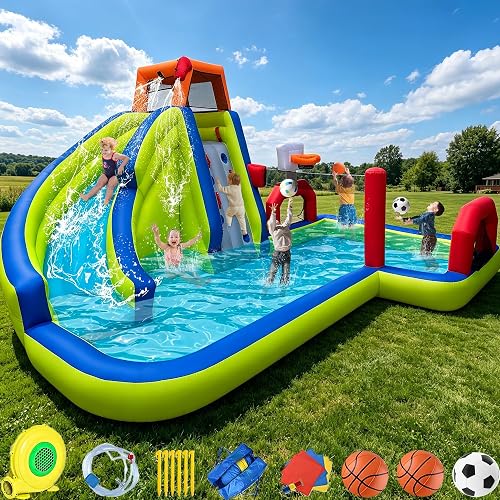 RETRO JUMP Water Slide,8 in 1 Inflatable Water Park Bounce House,Inflatable Waterslide,Climbing Wall,Large Splash Pool,Basketball Rim,Volleyball Filed,Sprinkles,Bouncy Castle Water Slide,370W Blower