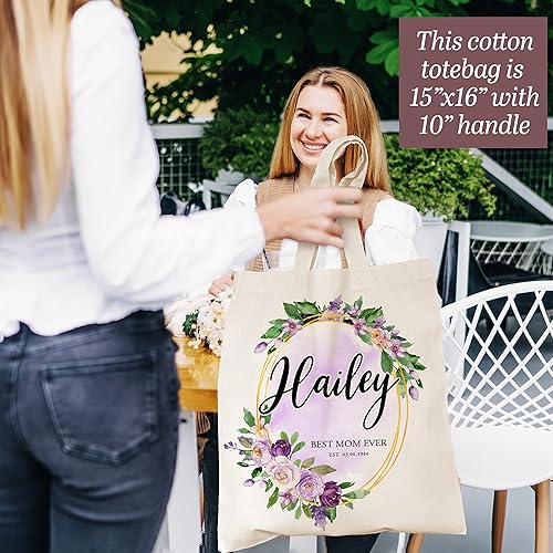 Miniatura 4 de Bolsa de mano personalizada para el Día de la Madre para mujeres con nombre – 3 diseños – Bolsa de lona floral personalizada regalo para mamá –