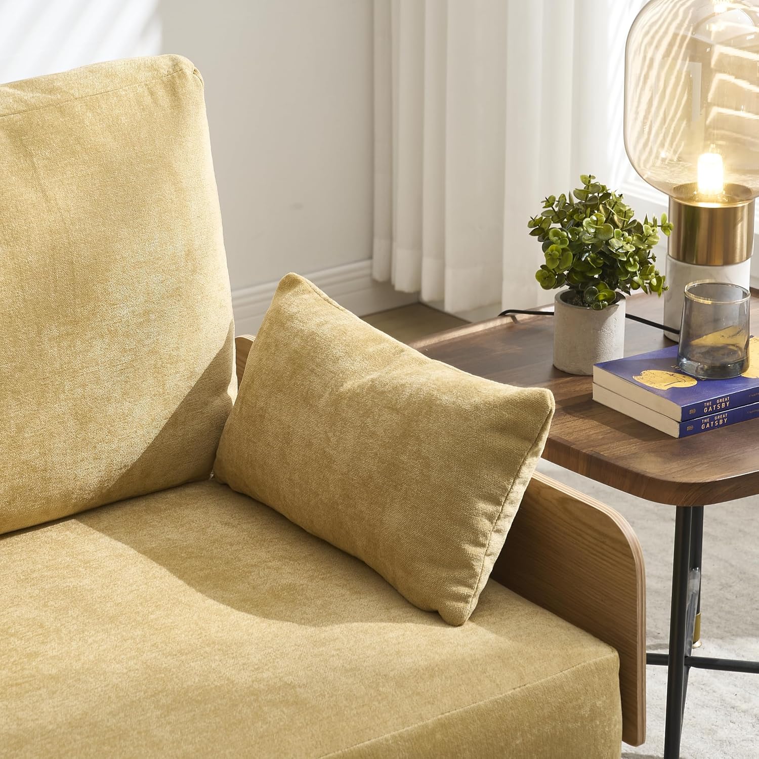 Convertible Single Sofa Chair, Comfy Chenille Sleeper Sofa Bed with Throw Pillows, Foldable Single Chair with Side Pockets for Living Room Bedroom Apartment Small Space(Mustard Yellow)