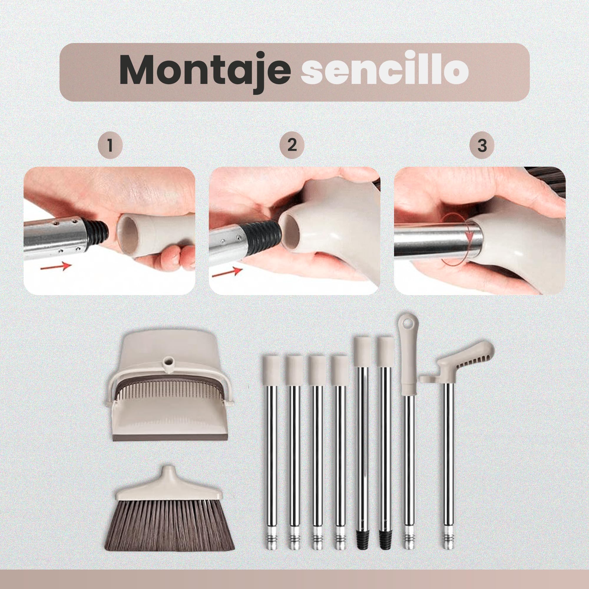JUPPLIES Escoba y Recogedor Plegable Mango Largo, Juego Barredora Vertical Recogedor Interior para Barrido Casa Beige