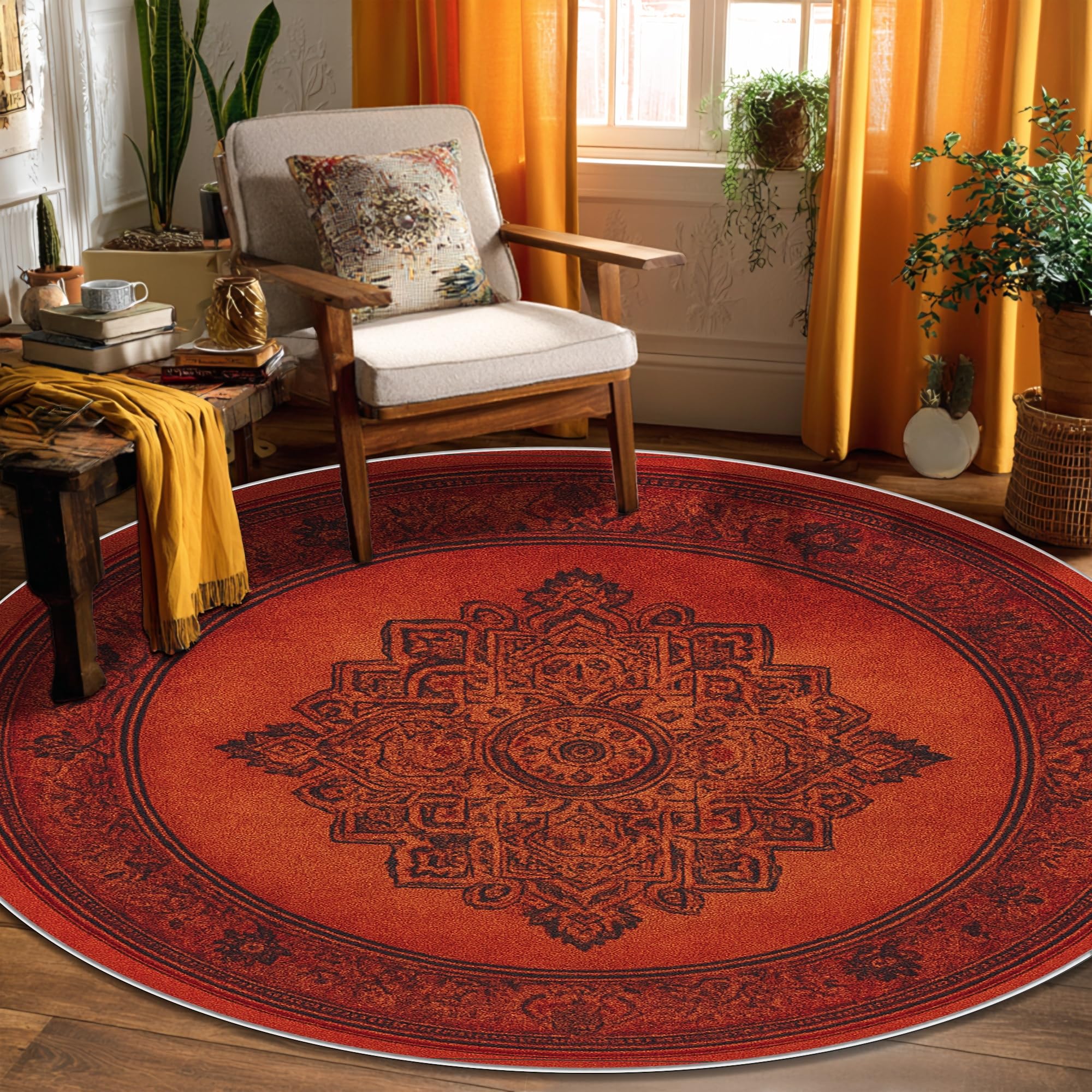 Tapis mandala, style bohème vintage à ornement floral, terre cuite, envers antidérapant, pour salon, chambre à coucher, nouvelle maison, salle à manger, 1,8 x 1,8 m