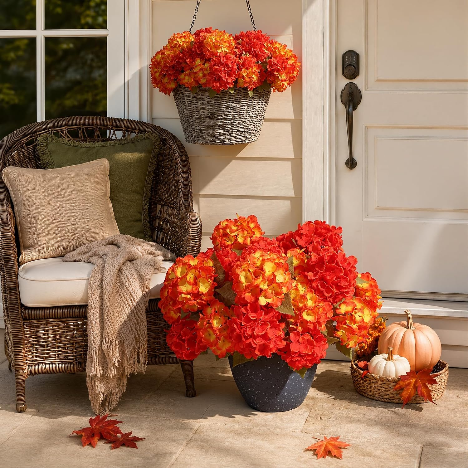 Ivydale Artificial Flowers for Outdoors, 4 PCS Fall Fake Silk Hydrangea Flower Stems for Bouquets UV Resistant Realistic Faux Plants Home Outdoor Wedding Party Centerpieces Decor (Fall Orange+Yellow)