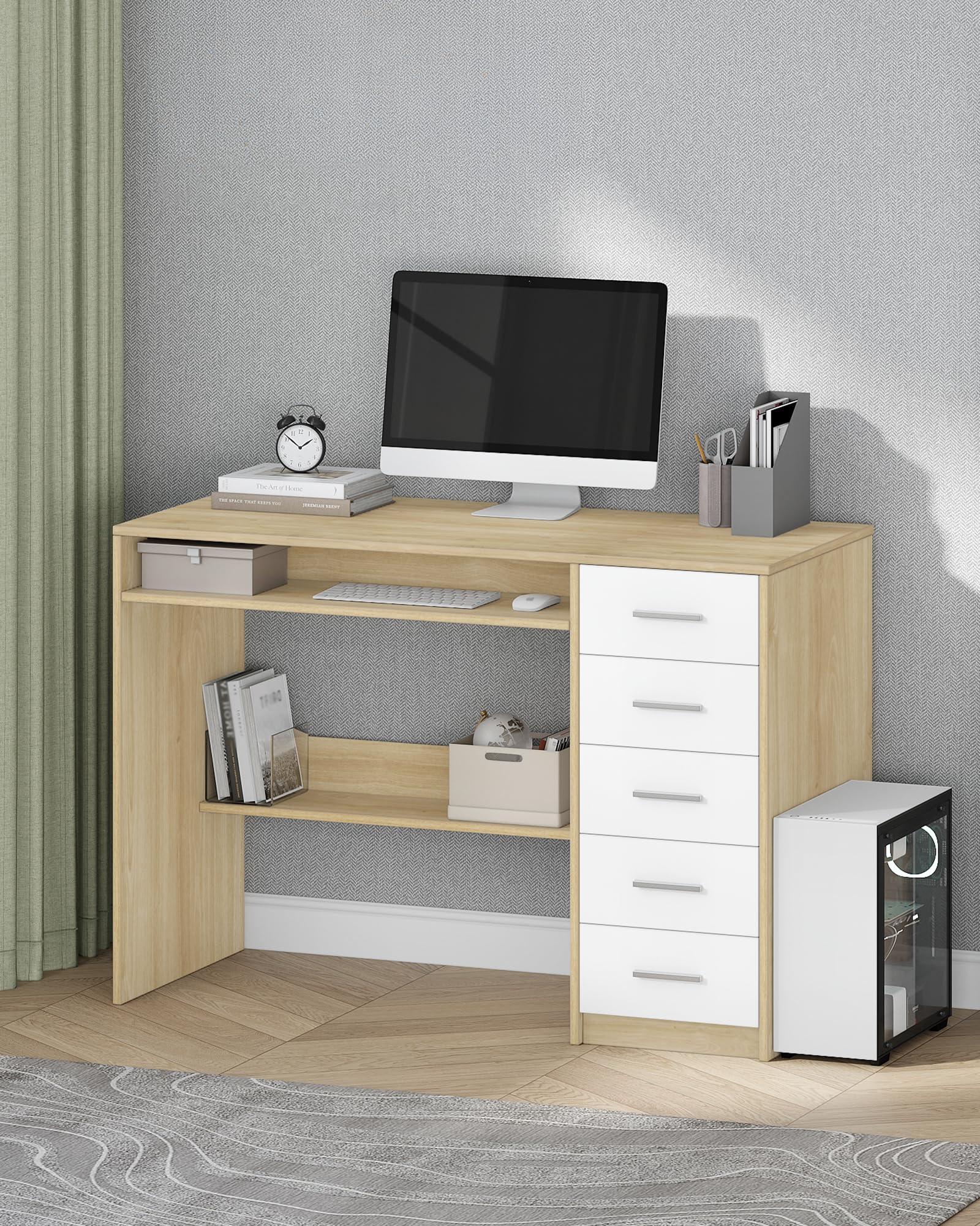 Hzuaneri Mesa Ordenador con 5 Cajones, Mesa de Oficina, Escritorio Moderno con Almacenamiento, para Estudio, Oficina, Dormitorio, 50 x 108 x 75 cm, Roble y Blanco CD10531X