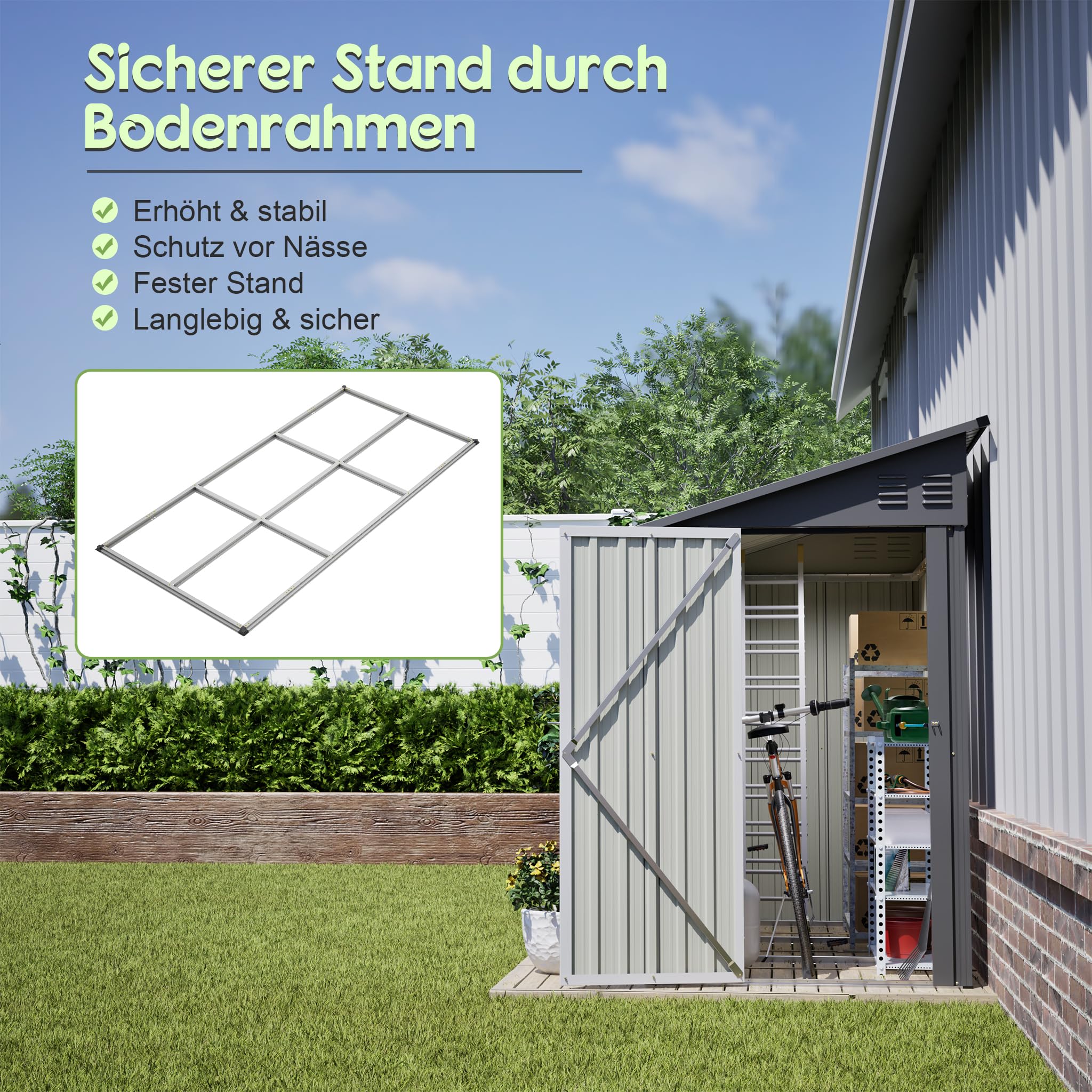 Mrwoo Metall-Gartenschuppen 242 x 124 x 192 cm, Anbau-Schuppen mit abschließbarer Tür und 2 Lüftungsöffnungen, Fahrradgarage mit Pultdach, Werkzeugaufbewahrung für Hinterhof & Terrasse, Grau