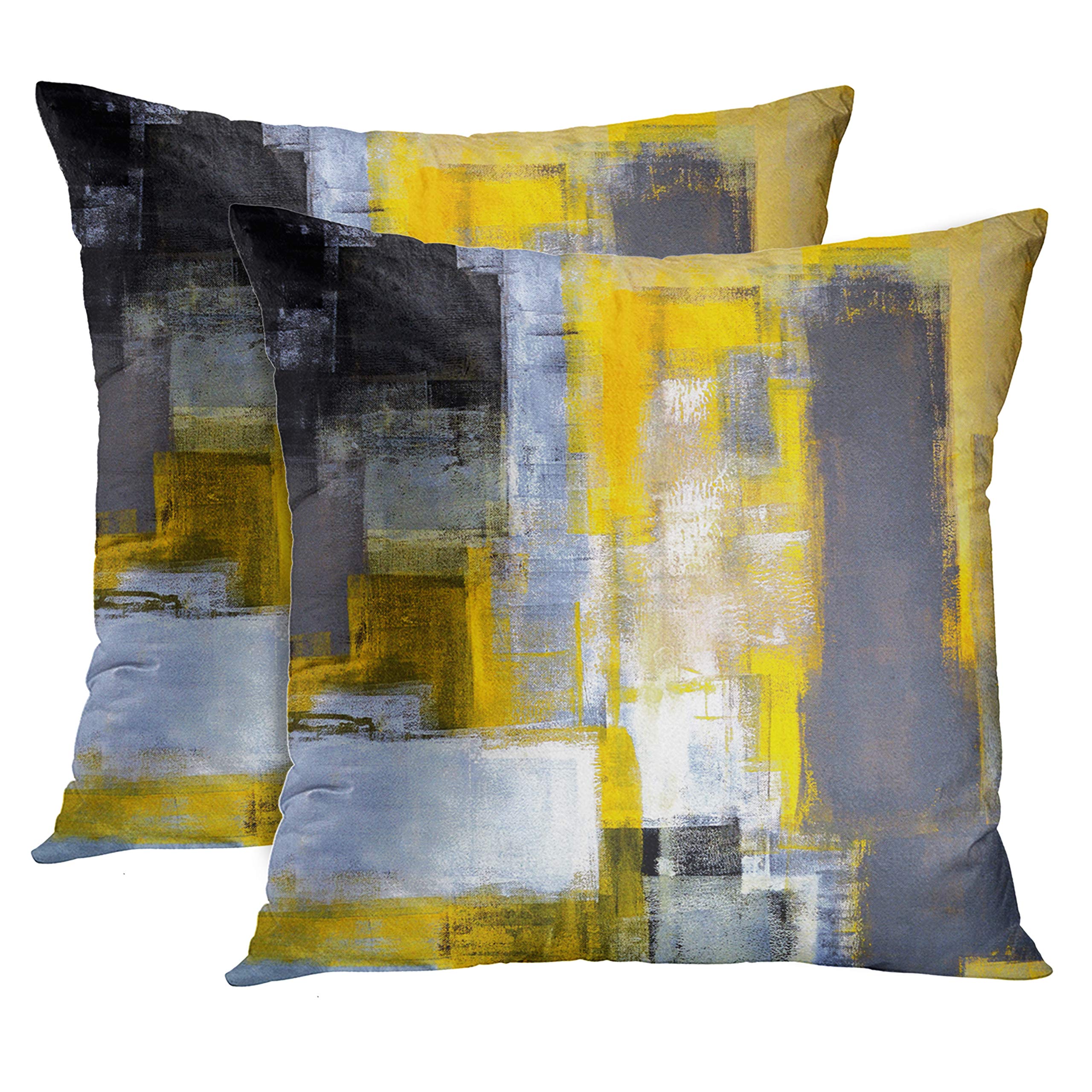 Emvency Set of 2 Throw Pillow Covers Modern Abstract Painting Yellow White and Black Decorative Pillow Cases Home Decor Standard Square 18x18 Inches Pillowcases
