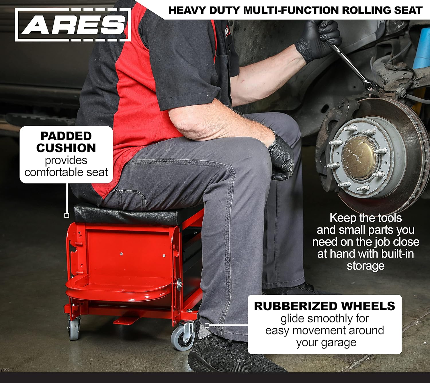 ARES 62042 – Red Heavy Duty Multi-Function Mechanic’s Rolling Seat - Square Shop Stool with Padded Seat Cushion, Tool Storage Drawer and Tray – Rugged Steel Construction Holds Up to 350 LB : Patio, Lawn & Garden