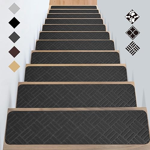 GOYLSER Alfombra para peldaños de escalera con cinta autoadhesiva, paquete de 4 unidades, lavables para peldaños de madera, antideslizante,