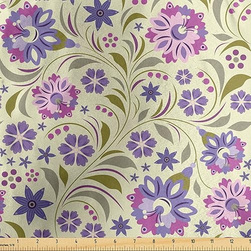 Ambesonne Garden Art Fabric by The Yard, Pale Toned Background with Spring Flowers with Swirled Leaves, Decorative Satin Fabric for Home Textiles