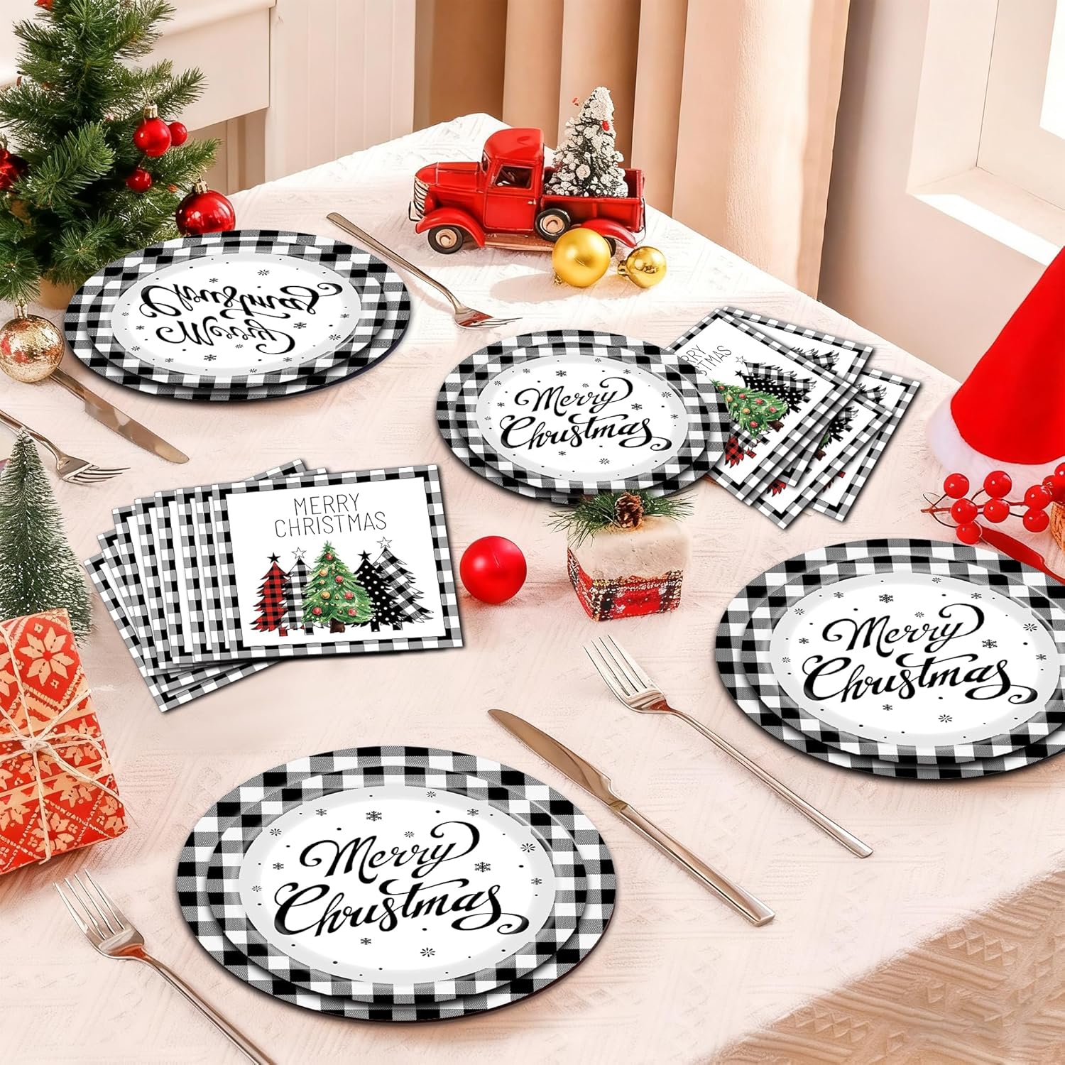 200 Pcs Christmas Paper Plates and Napkins Sets, Black Buffalo Plaid Christmas Tree Plates and Napkins, Disposable Holiday Plate and Napkin Sets for Xmas Party Supplies Dinner Winter Decorations
