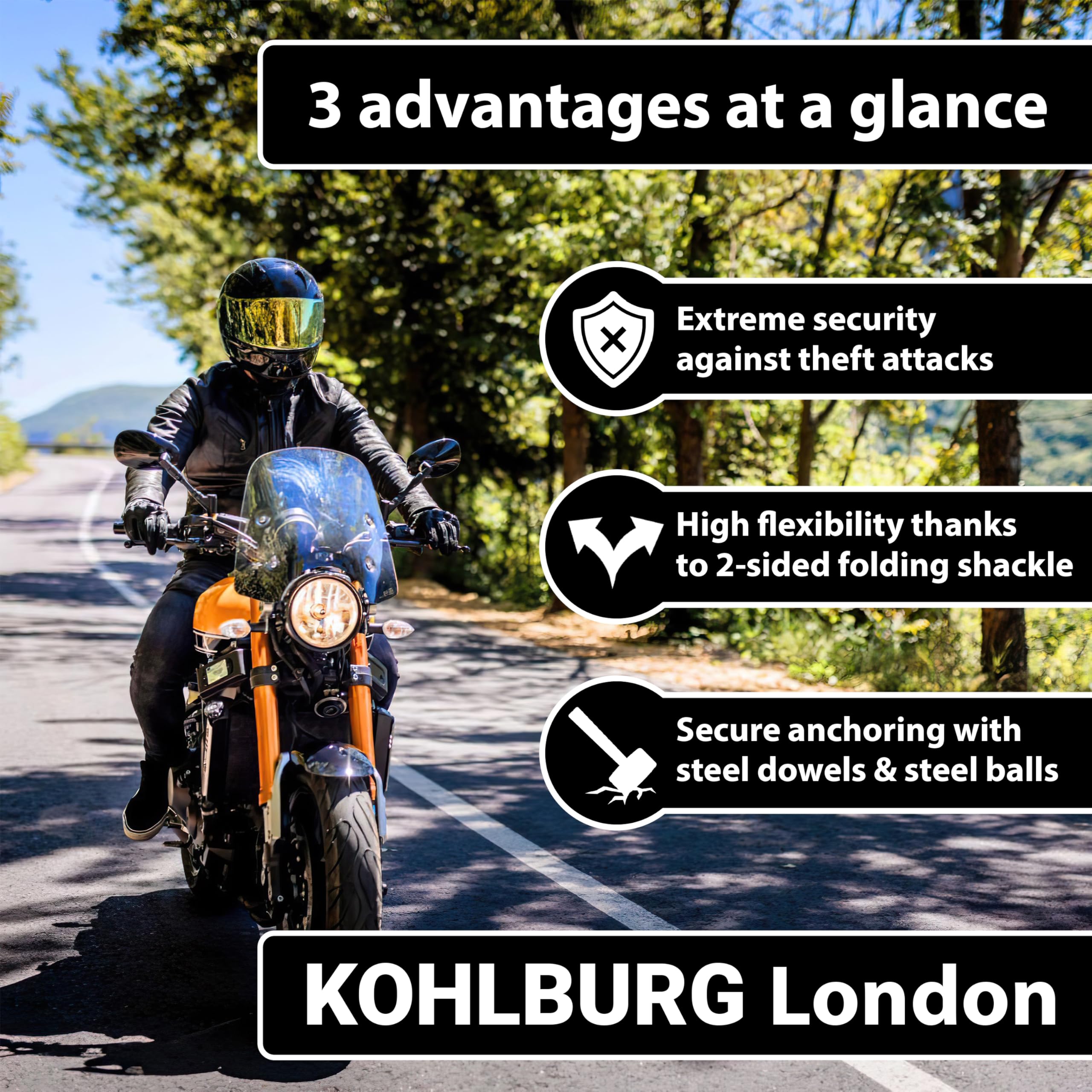 KOHLBURG Kotwa podłogowa i ścienna 15+, pałąk 14 mm ze stali hartowanej | Do motocykla, skutera, roweru (elektrycznego i klasycznego), Do montażu w ścianie i podłodze, Do piwnicy, garażu i domu