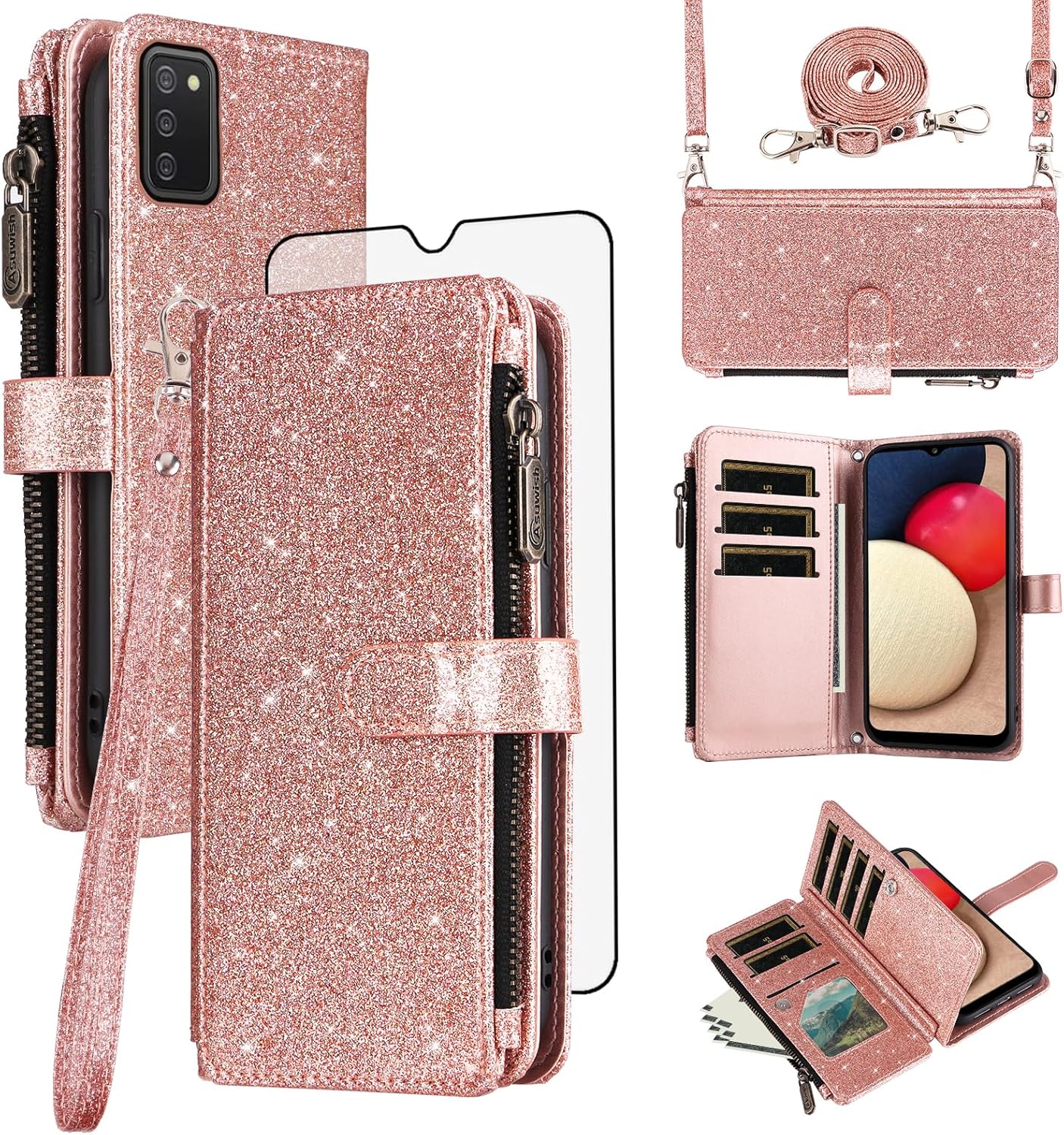 Asuwish Phone Case for Samsung Galaxy A02s Wallet Accessories Cell Cover with Tempered Glass Screen Protector Strap Bling Glitter Zipper Flip Credit Card Holder A 02s Ao2s M02s SM-A025V Women Black