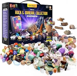 Rock, Fossil & Mineral Collection & Activity Kit. Includes 250+ Real Gemstones, Crystals Specimens & Jumbo Learning Mat - Bulk Rough Rocks, Polished Gem Stones, Genuine Fossils - Science Gift for Kids
