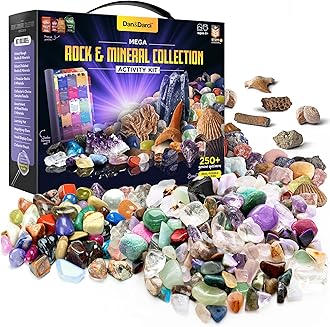 Dan&Darci Rock,Fossil&Mineral Collection&Activity Kit. Includes 250+Real Gemstones,Crystals Specimens&Jumbo Learning Mat-Bulk Rough Rocks,Polished Gem Stones,Genuine Fossils-Science Gift For Kids