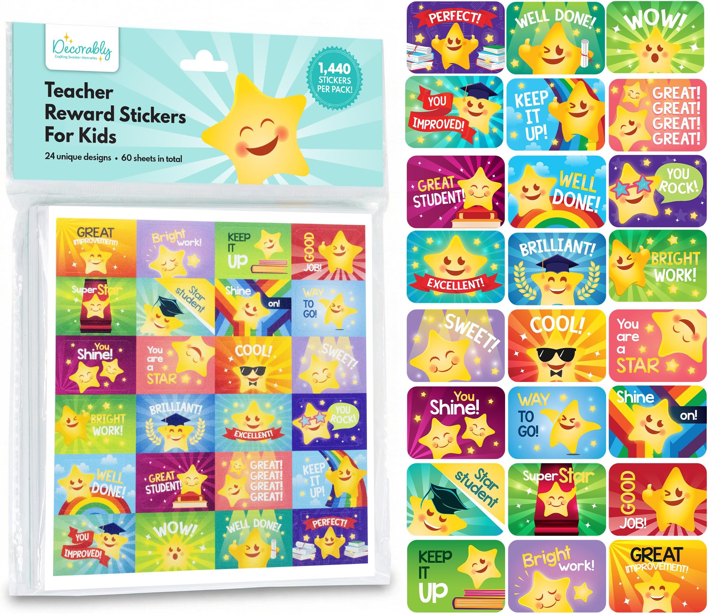 Decorably 1,440 Star Teacher Stickers for Grading for Students - 60 Sheets with 24 Adorable Designs for Classroom Activities, Reward Chart, Positive Reinforcement, Arts & Crafts, Scrapbooking, Gift
