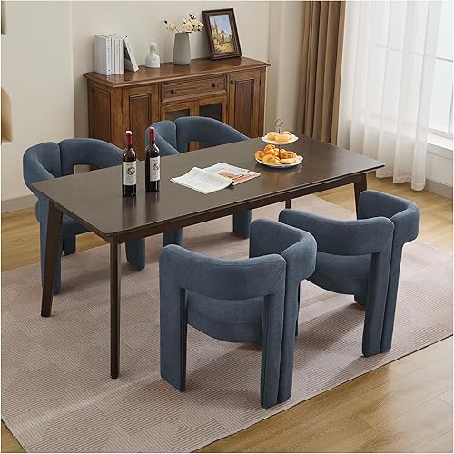 Miniatura 15 de Juego de 4 sillas de comedor modernas de barril, silla de comedor tapizada en lino con patas de madera, sillas decorativas con brazos, cómodas