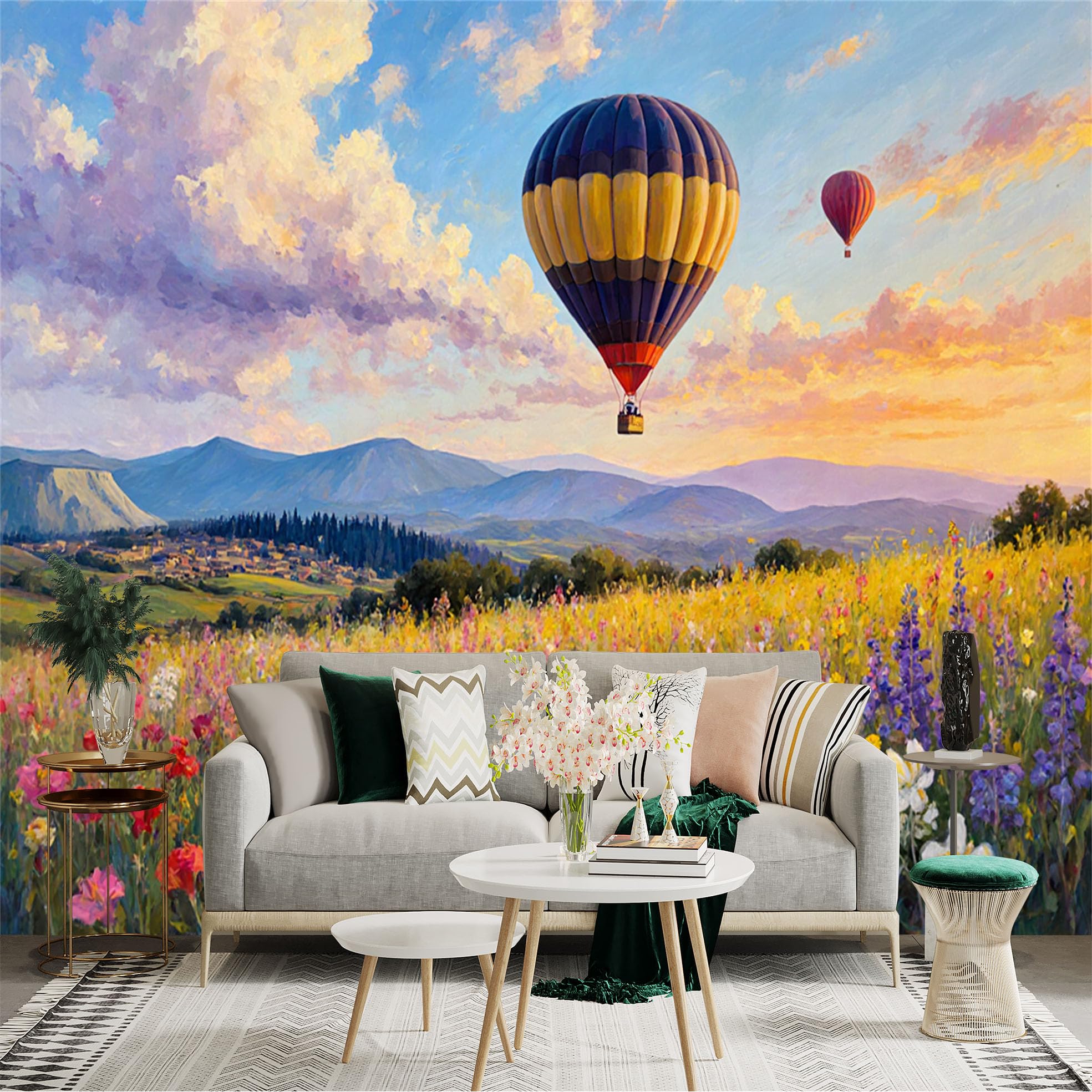 Custom Size Wall Sticker Mural， Hot Air Balloons Over Vibrant Wildflower Meadow， Golden Sunset Sky， Mountain Landscape， for wall Decoration， peelandstick wall Decals.
