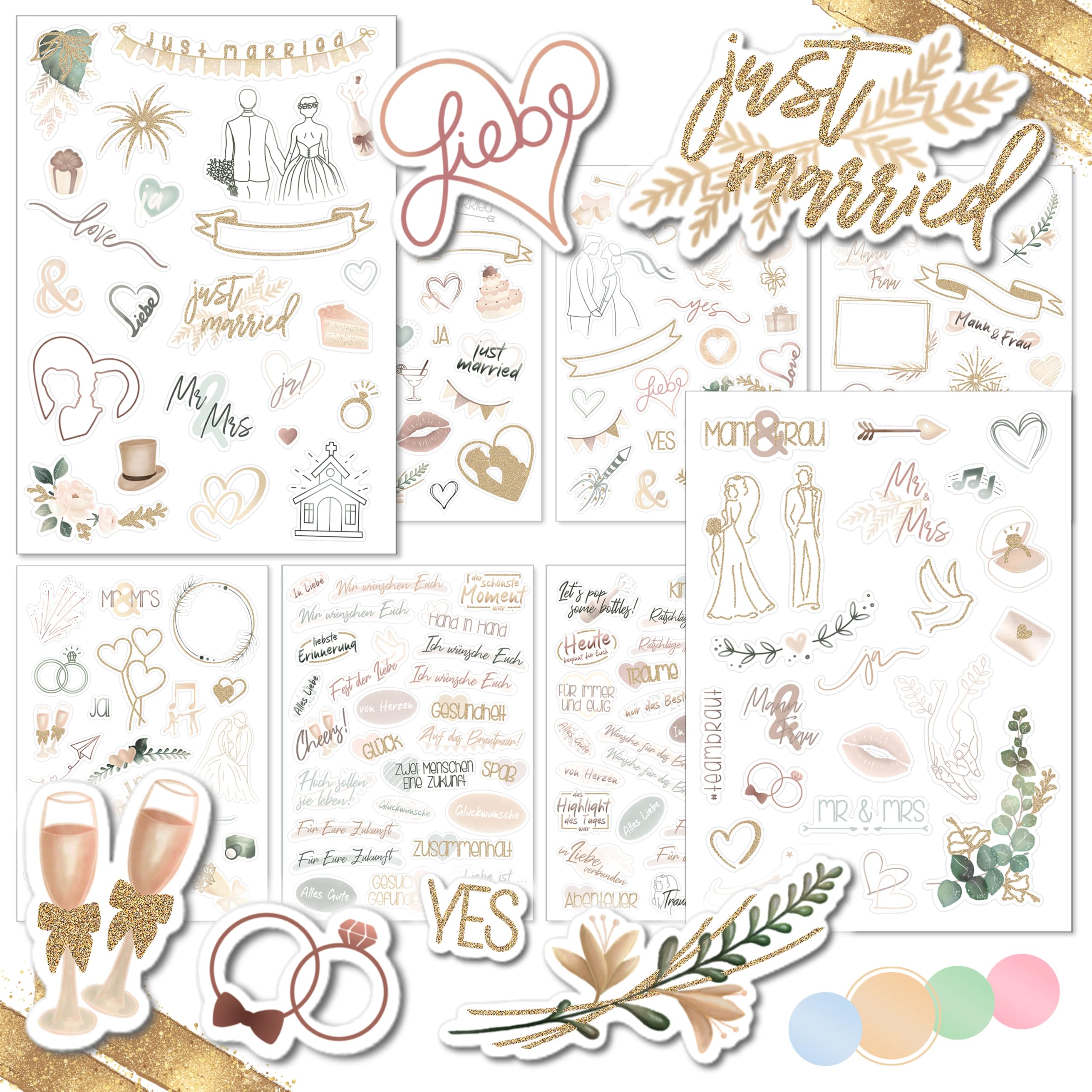 WEDDLYN® – Pegatinas para boda – 180 pegatinas para libros de invitados – Diseños inspiradores – Set perfecto para álbumes de fotos de boda – Colores pastel con purpurina (beige)
